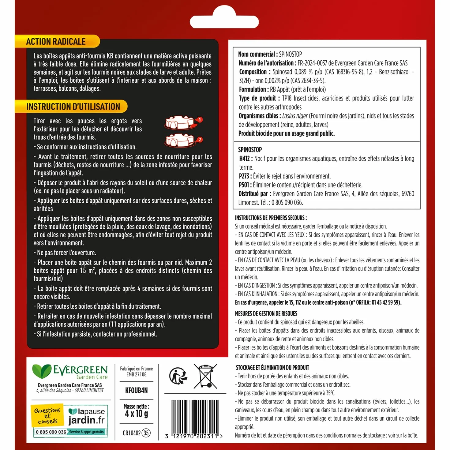 KB HOME DEFENSE Spinostop Anti-Fourmis Appâts 4x10g – Élimine Nid Larves – Spinosad Intérieur Extérieur