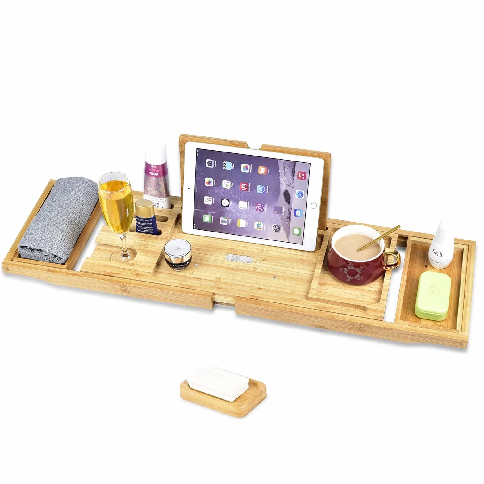 Plateau de Baignoire Bambou Pliable Pont Tablette avec Support Verre Vin iPad 75-105 x 23 x 3 cm