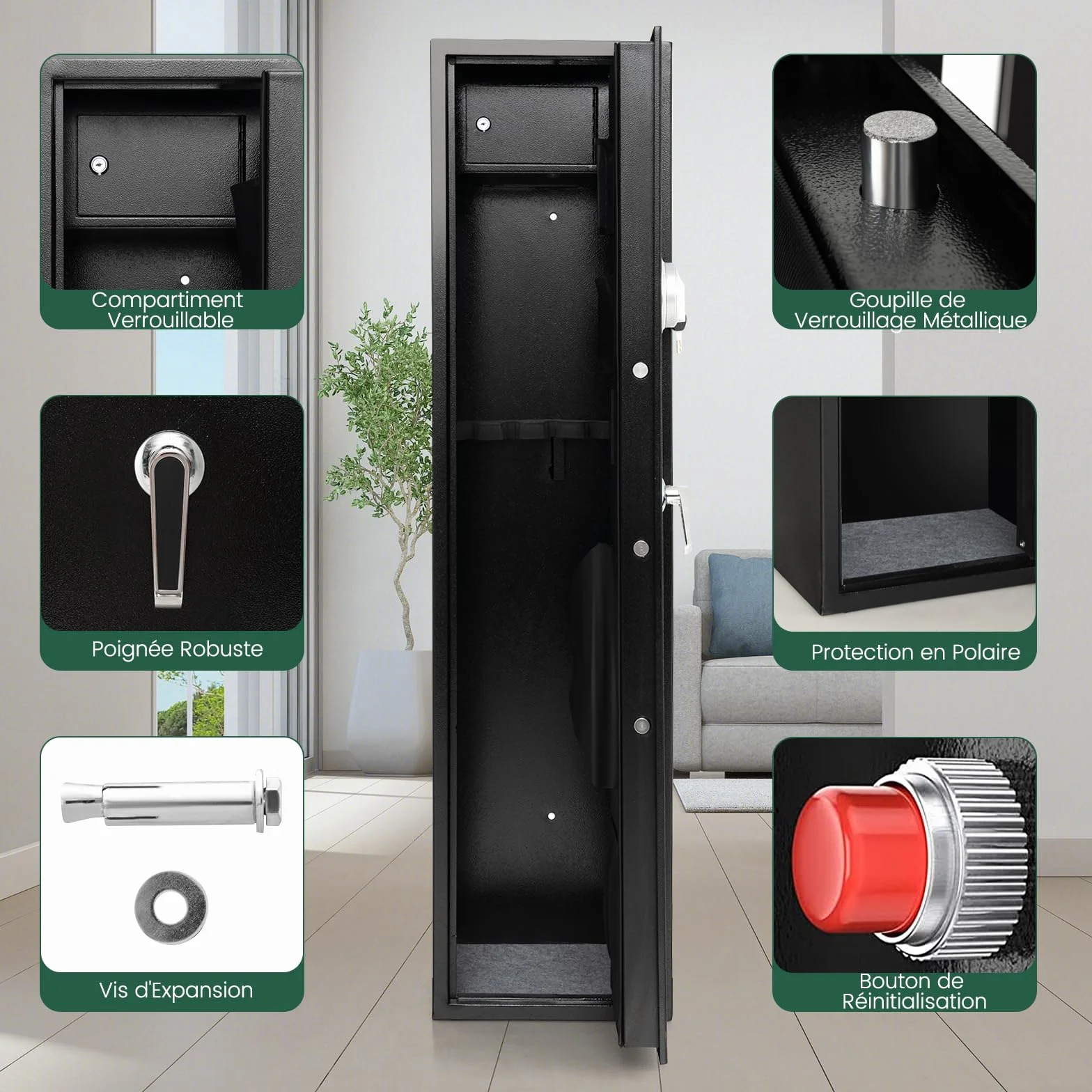 COSTWAY Armoire à 5 Fusils avec Clavier Numérique, Coffre-fort Biométrique avec Pochettes à Pistolet, Boîte Verrouillable Mode Silencieux, pour Fusils et Carabines à la Maison