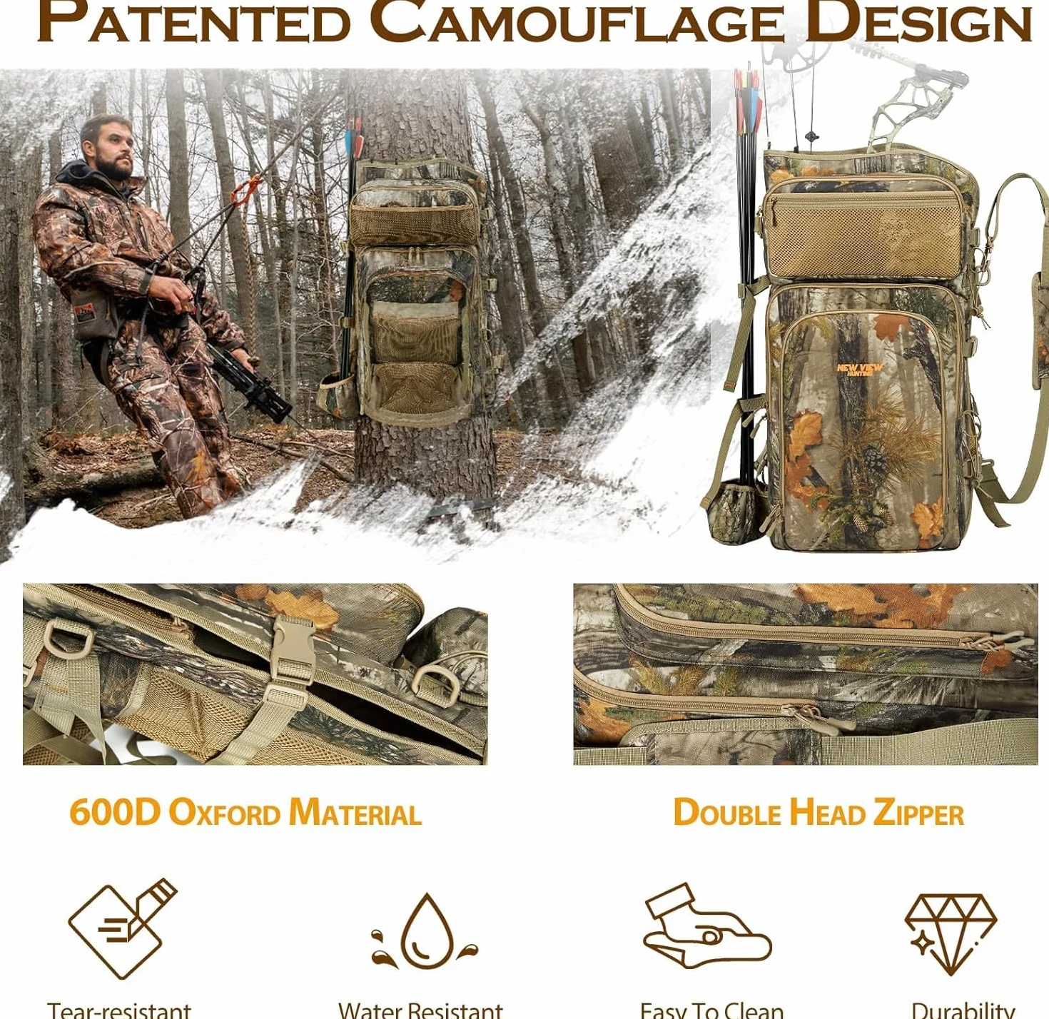 Sac à dos de chasse à l'arc pour homme - Motif camouflage - Sac à dos composite avec support pour archet - Pour élan, dinde, ours et cerf (version mise à jour)