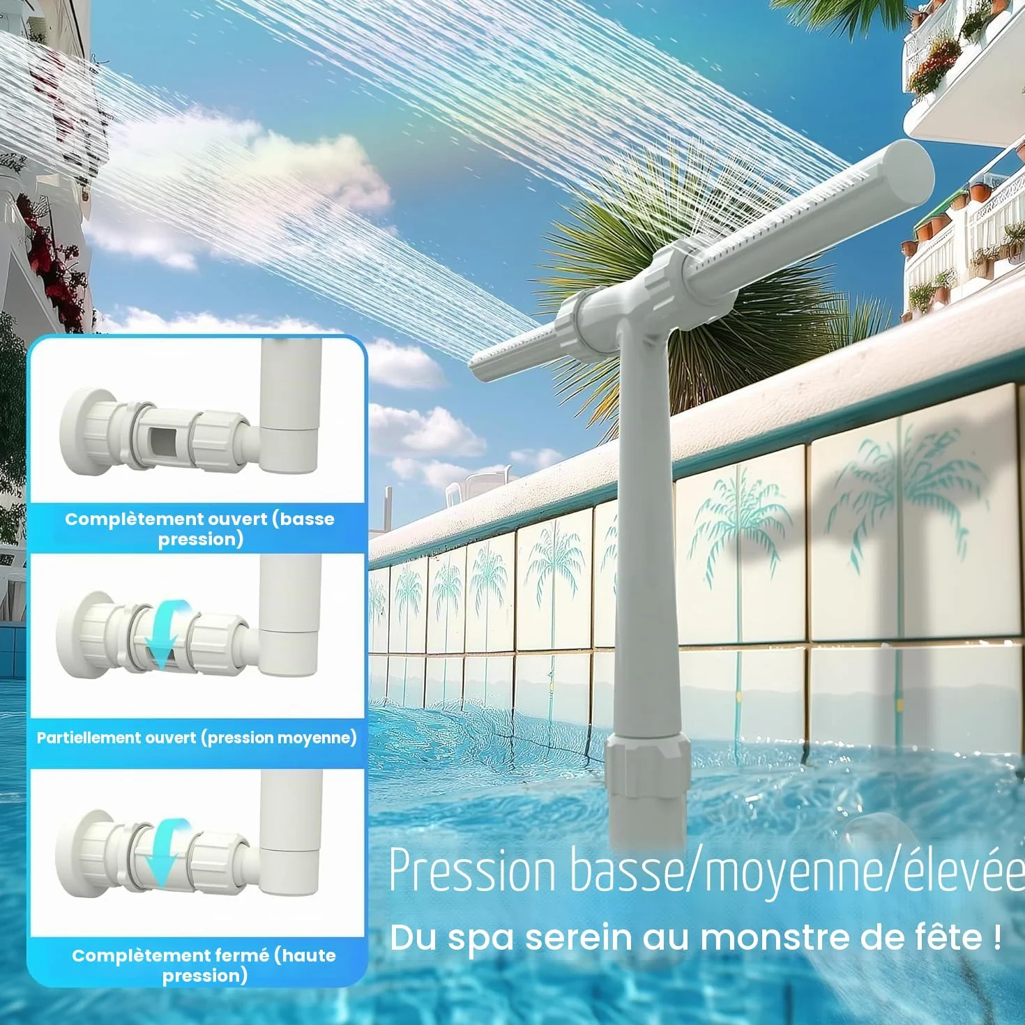 Fontaine de piscine cascade à double buse réglable pour piscines hors sol et encastrées Blanc