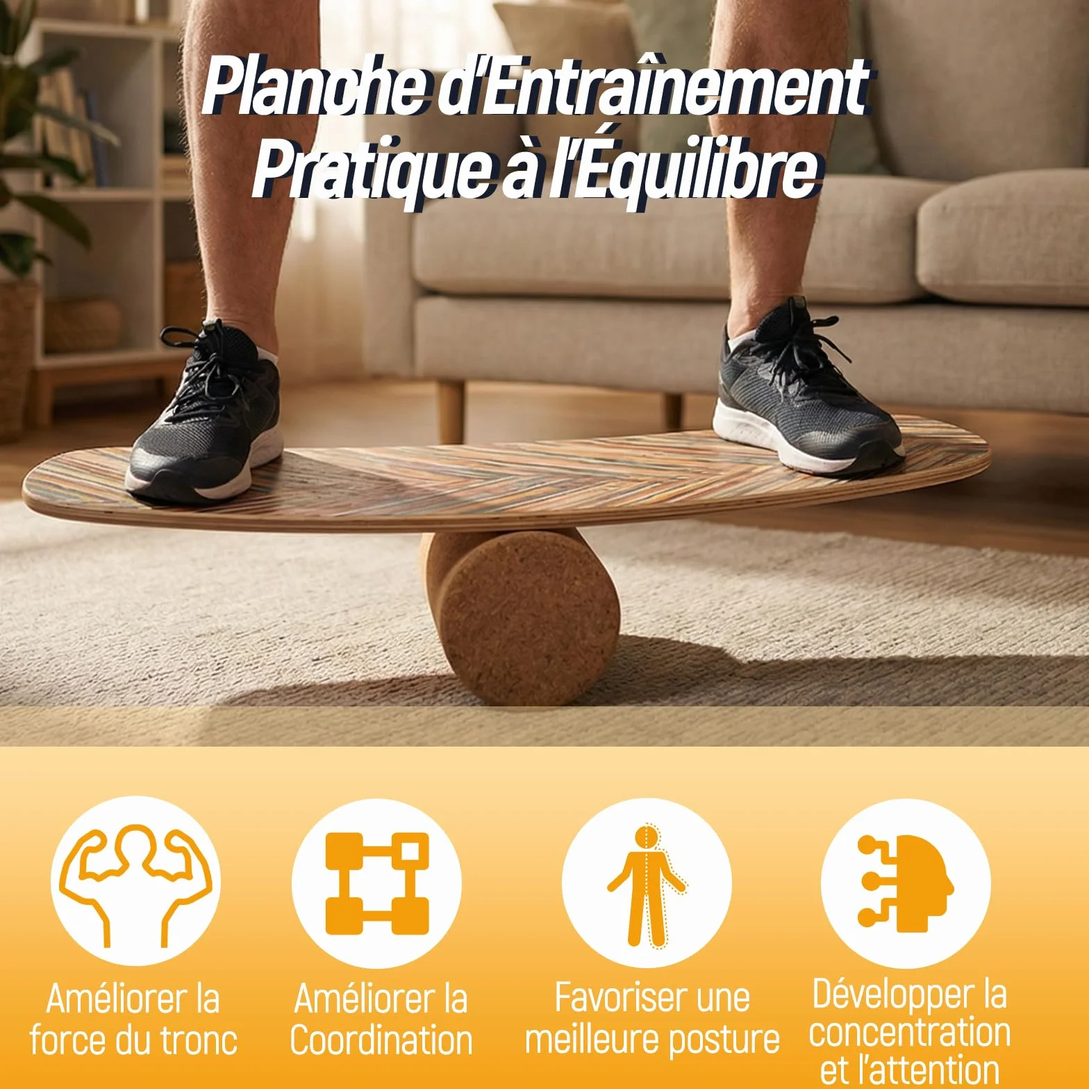 COSTWAY Planche d'Équilibre en Bois avec Rouleau en Liège Stabilisé, Balance Board d'Intérieur à Améliorer Force Centrale&Stabilité, Planche de Surf Avancée pour Yoga, Entraînement du Corps