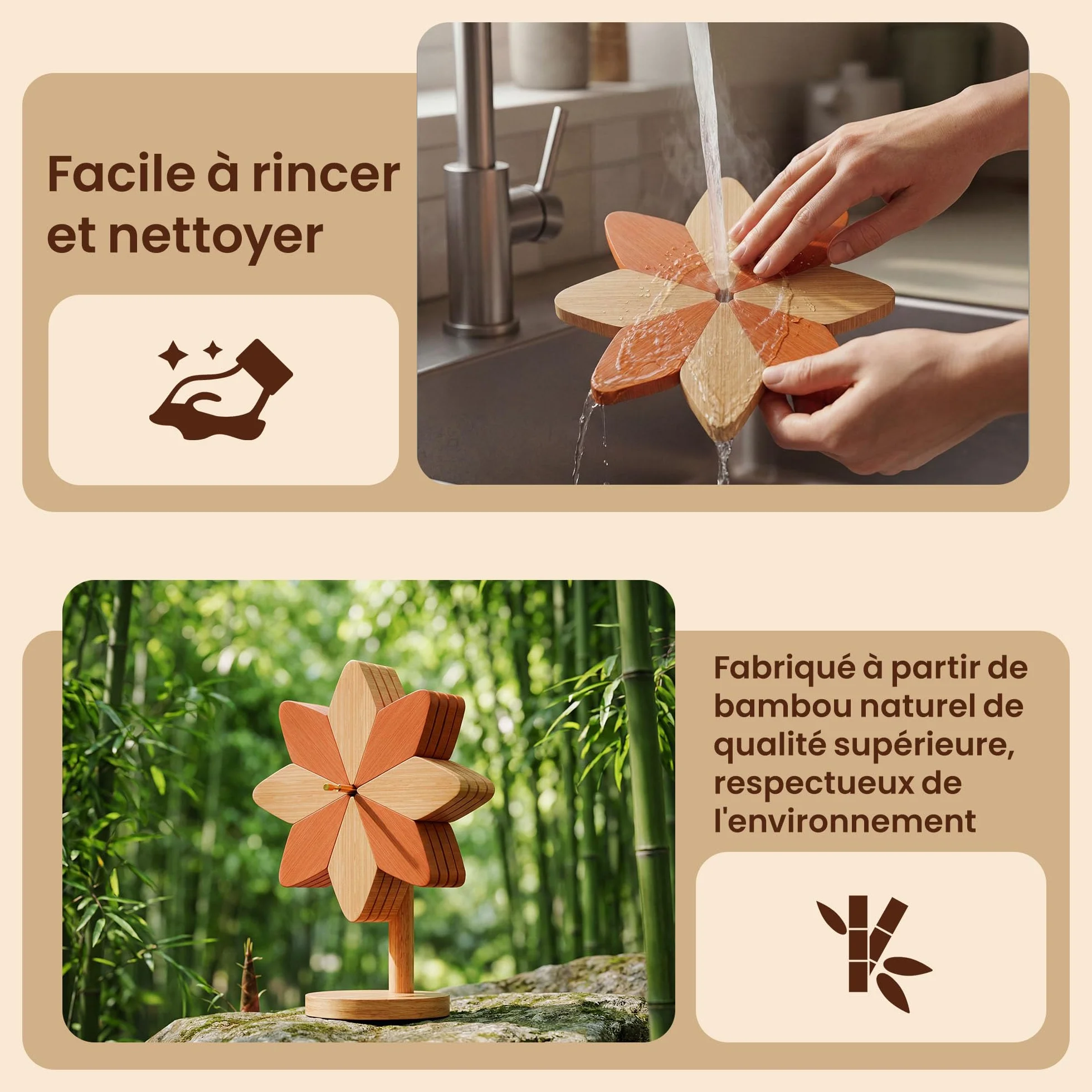 Dessous de Plat Isolé en Bois et Bambou Marron Beige 15cm Résistant Plats Chauds Décoratif Pratique