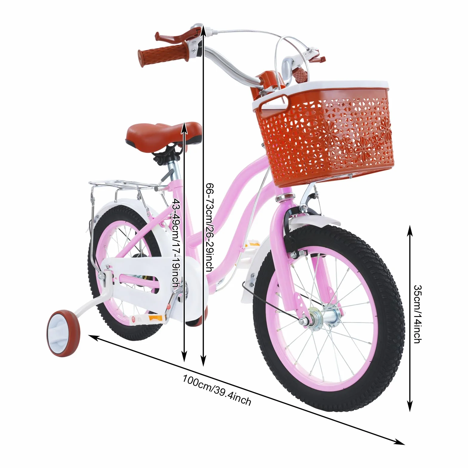 Vélo enfant de 14 pouces, avec roues stabilisatrices et panier en rose, pour garçons et filles de 3 à 7 ans, siège réglable en hauteur, système de freinage double, idéal pour l'entraînement au