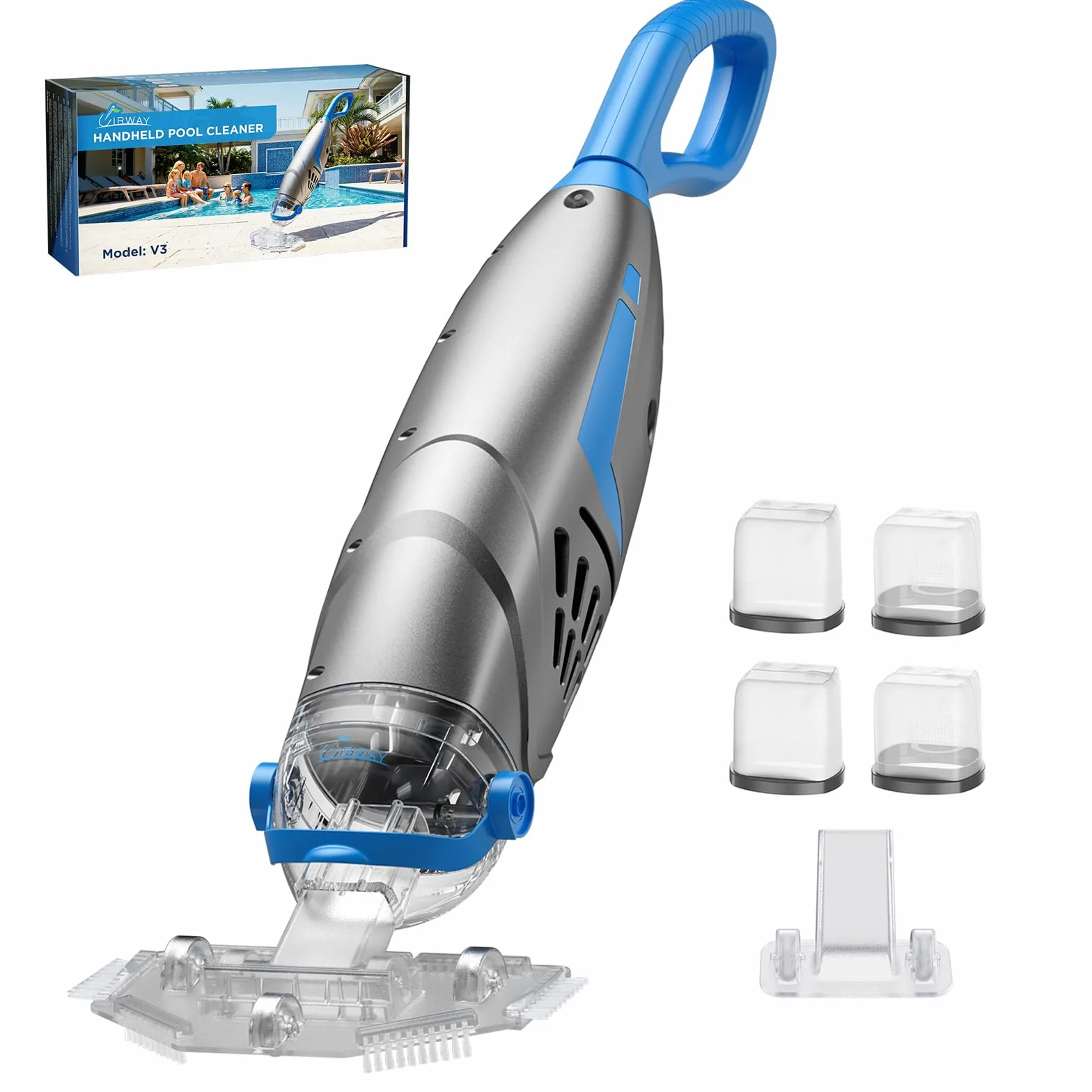 Aspirateur Piscine sans Fil 26,5 GPM IPX8 Balai Rechargeable avec 2 Têtes et 4 Sacs Filtrants