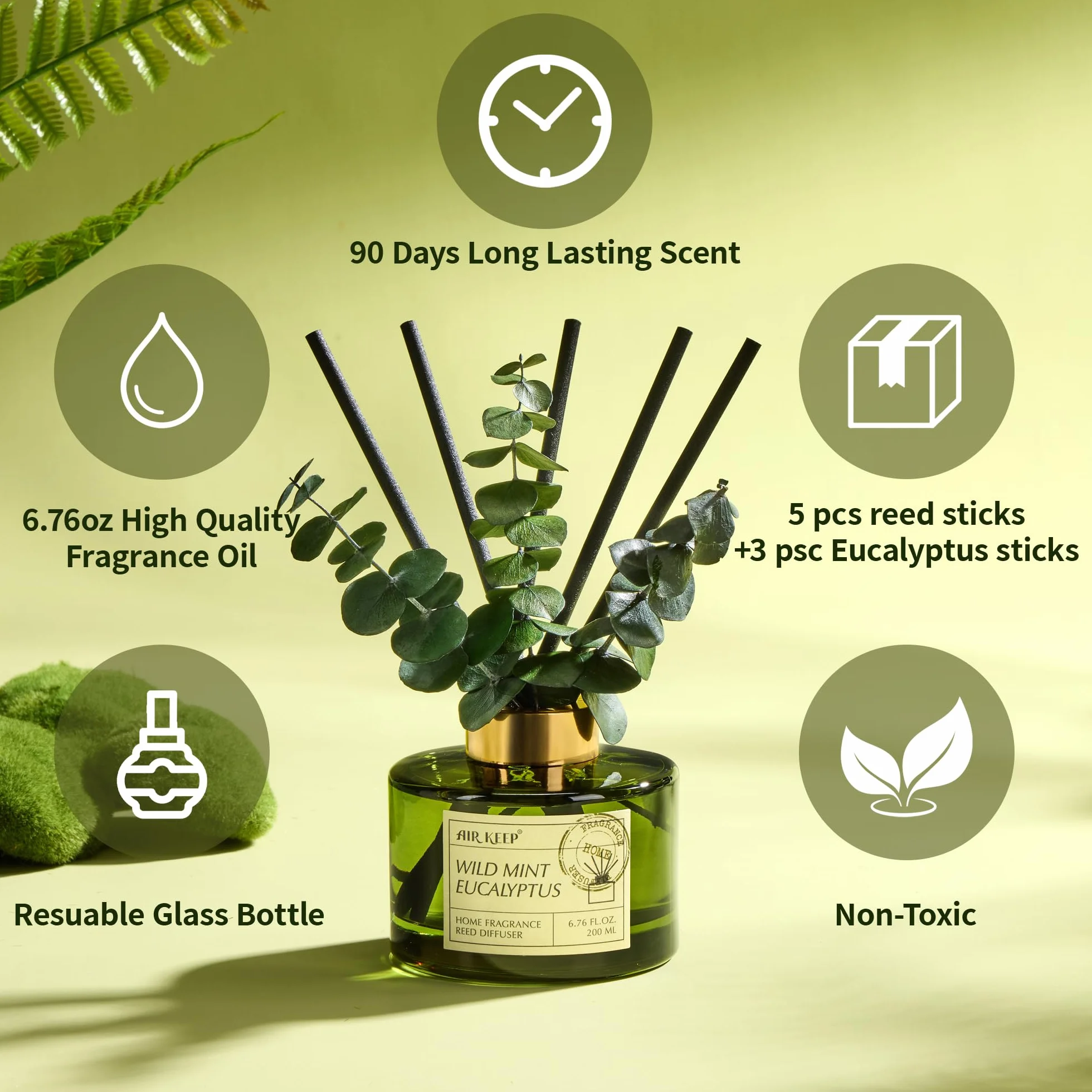 Airkeep Diffuseur de Parfum Maison 200ml 8 Bâtonnets Wild Mint & Eucalyptus Parfum d'Intérieur