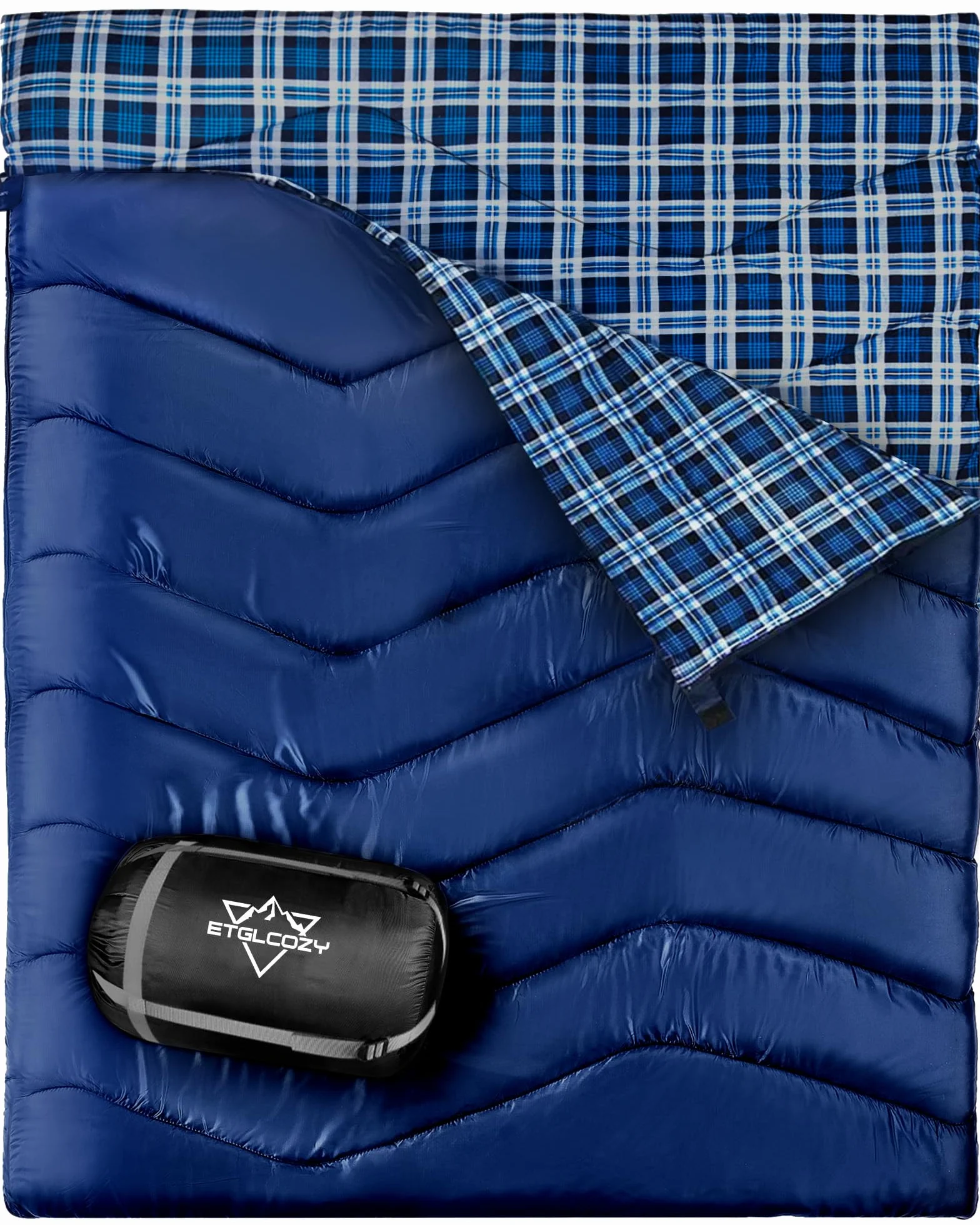 Sac de Couchage Double Grande Taille en Flanelle - 3 Saisons Léger - Famille/Couple - Idéal Camping, Extérieur & Intérieur - Sac de Compression Inclus