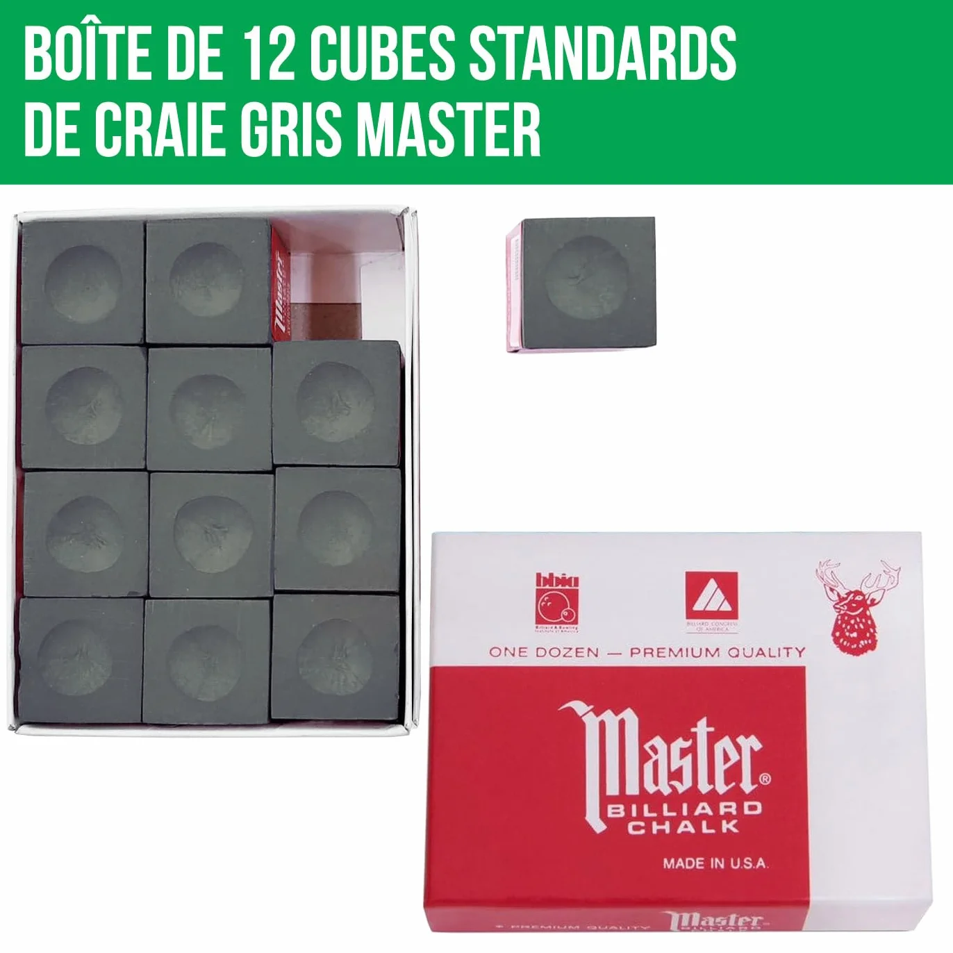 Craie de Billard Gris, Boîte de 12 Cubes Standards 21 mm, Craie pour Queue de Billard et Snooker, Adhérence Fine et Dense pour Contrôle, Effet et Précision de Tir