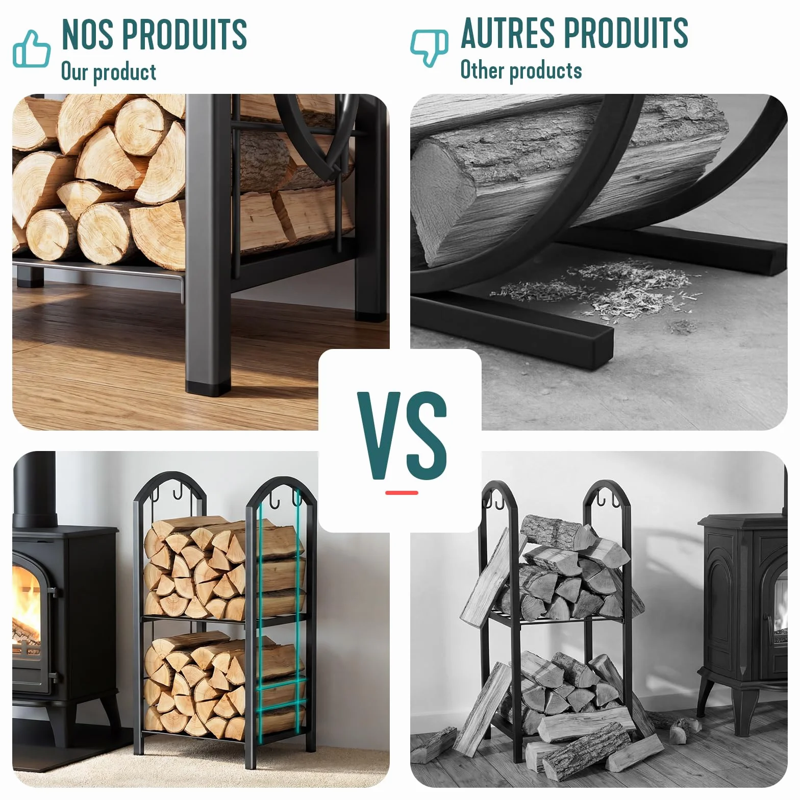 VOUNOT Porte Bûches de Cheminée avec 4 Outils et 2 Étagères en Métal Grande Capacité 75x38x38cm Noir