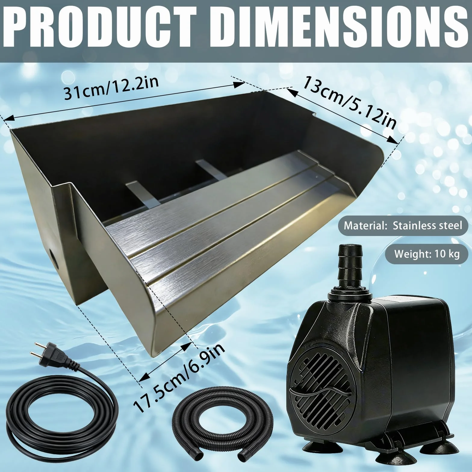Cascade pour Bassin de Jardin 30 cm Acier Inoxydable Fontaine 45W 3000 L/H