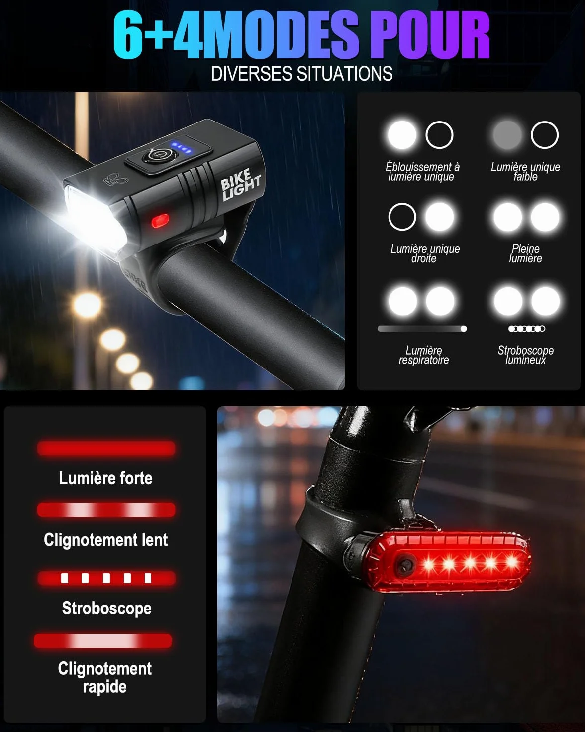 Lumiere Velo LED Ultra Puissant, Éclairage Vélo Avant et Arrière 6+4 Modes, Luminosité élevée, Rechargeable USB, Étanche IPX4, Luminosité Réglable, Facile à Installer Lampe Vélo pour VTT, VTC