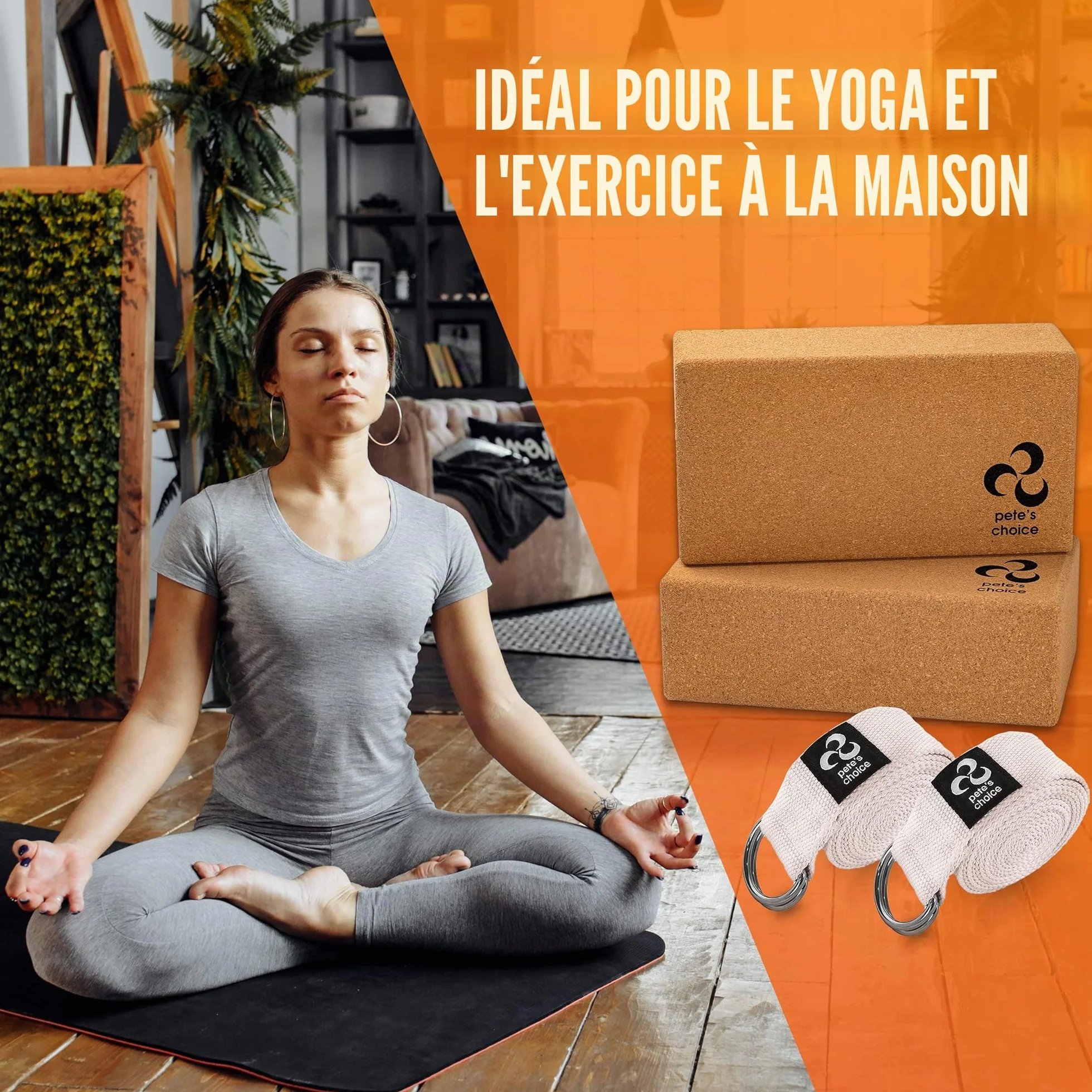 Blocs et Sangles de Yoga Eco Friendly Pack de 2 Blocs Naturels Fermes et Solides et 2 Sangles