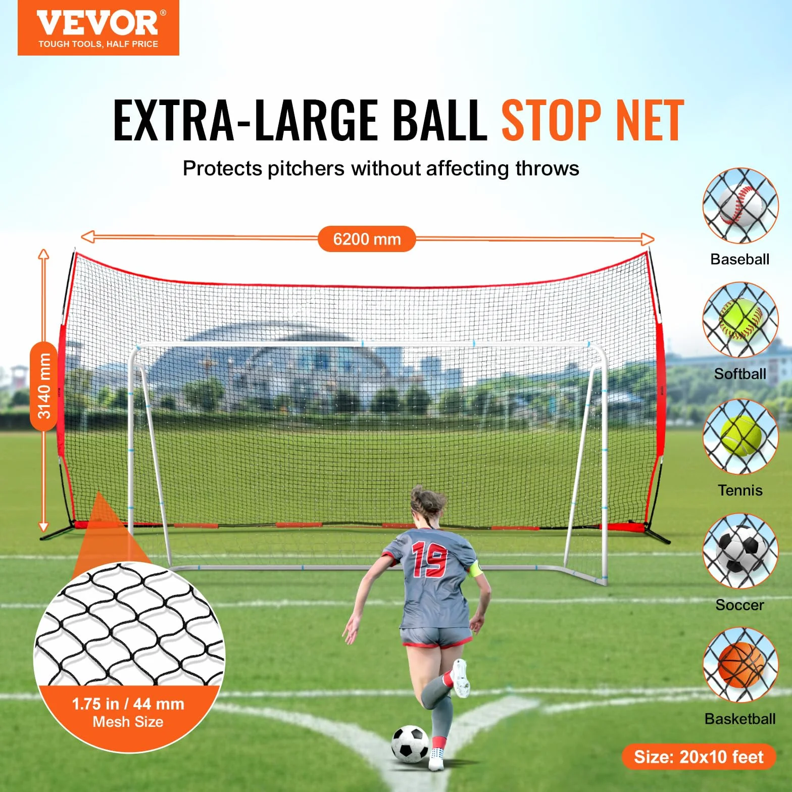 VEVOR Filet d'Entraînement de Baseball Softball 620x314 cm, Filet de Protection Pare-Ballons Portable avec Sac de Transport, Équipement d'Entraînement pour Receveur Crosse, Football, Hockey, Jardin