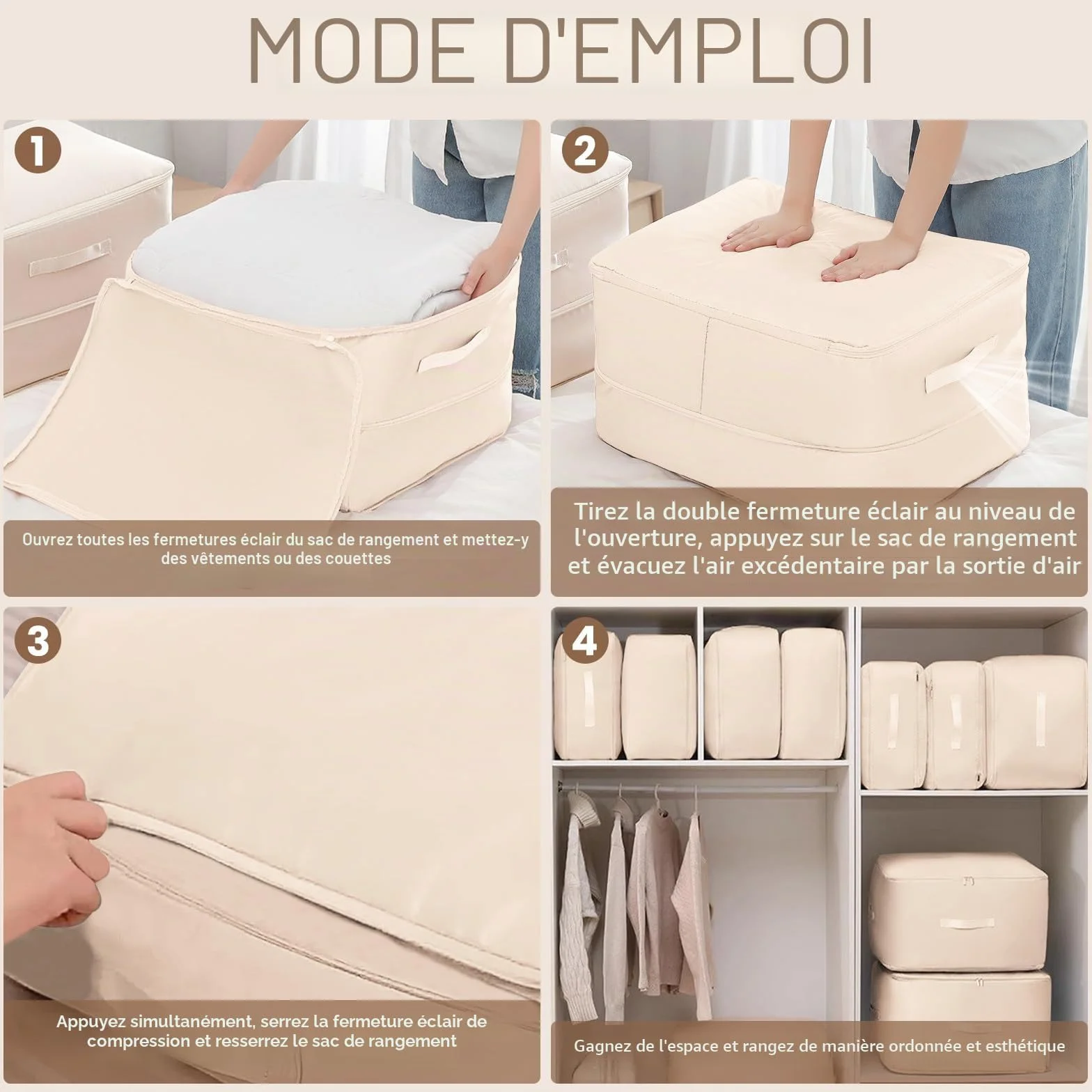 Lot de 2 Organisateur Auto-compression Ultra Peu Encombrants, Sacs de Rangement pour Couettes, Sac de Compression Voyage Empilable, Grand Sac de Rangement Mobiles pour Couvertures(Beige,52x42x60CM)