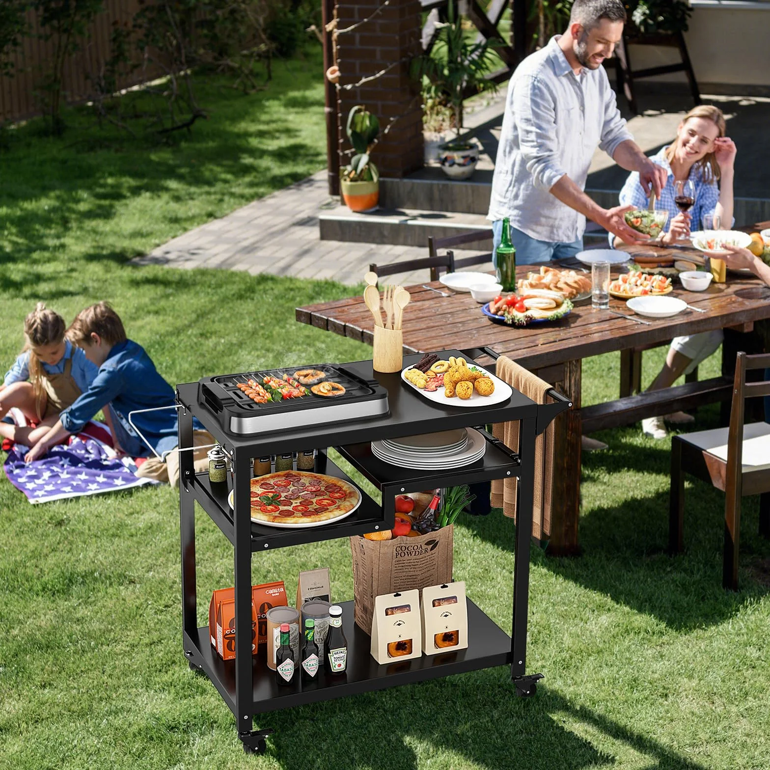 GOPLUS Desserte Jardin Exterieur Chariot Barbecue 4 Roues 4 Crochets Étagère 111x50.5x93 cm Charge 50kg