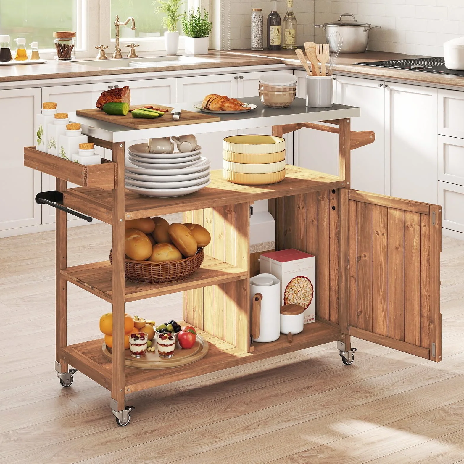 COSTWAY Chariot d'Extérieur en Bois avec Rangement, Meuble de Préparation BBQ avec Plateau 3 Étagères Ouvertes & Armoire