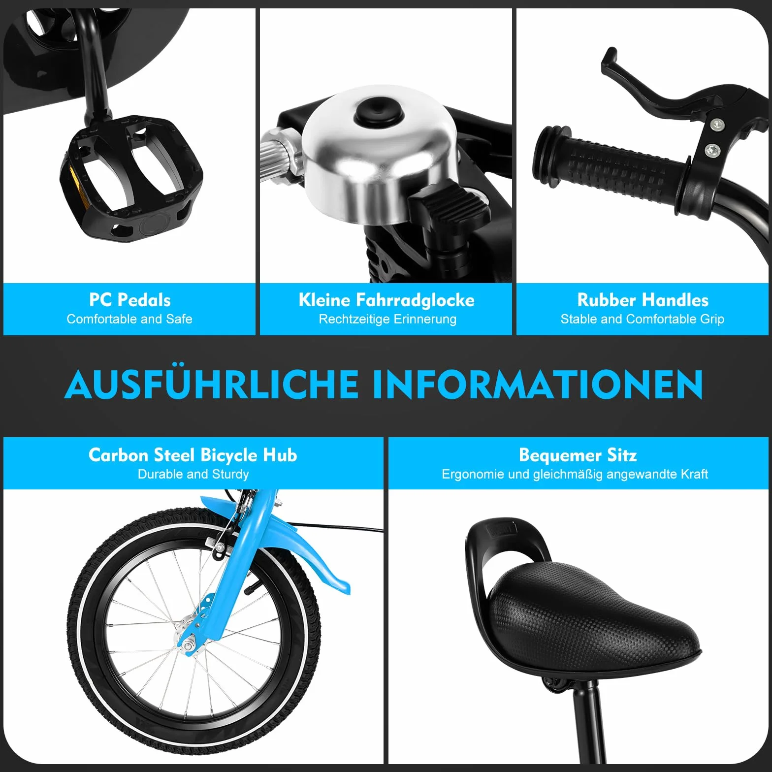 Vélo pour enfant de 14 pouces, à partir de 3 à 6 ans, pour filles et garçons, blanc avec garde-boue et frein avant et arrière combinés, en acier au carbone de qualité supérieure