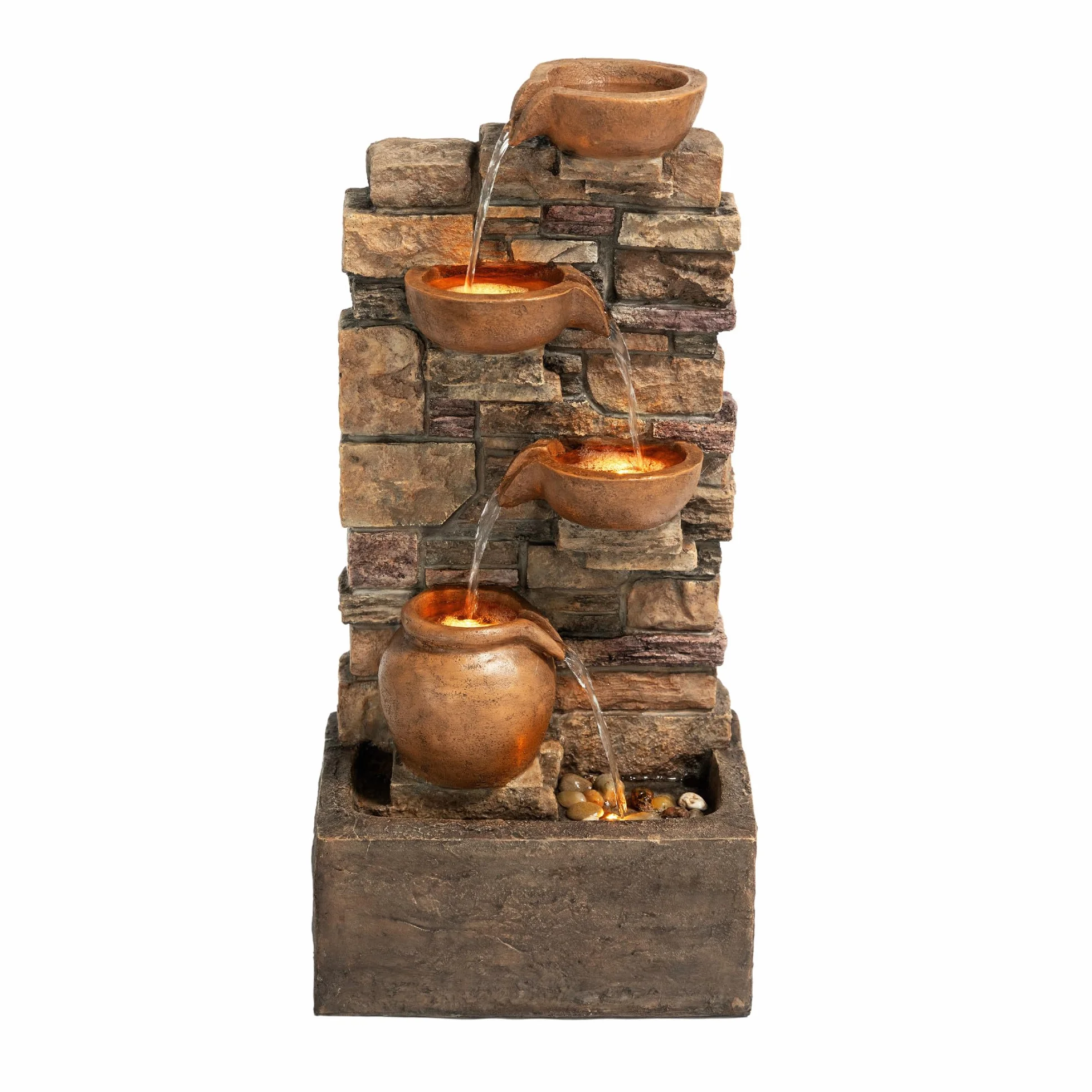 Teamson Home Fontaine Cascade 4 Niveaux Brun LED Jardin Exterieur