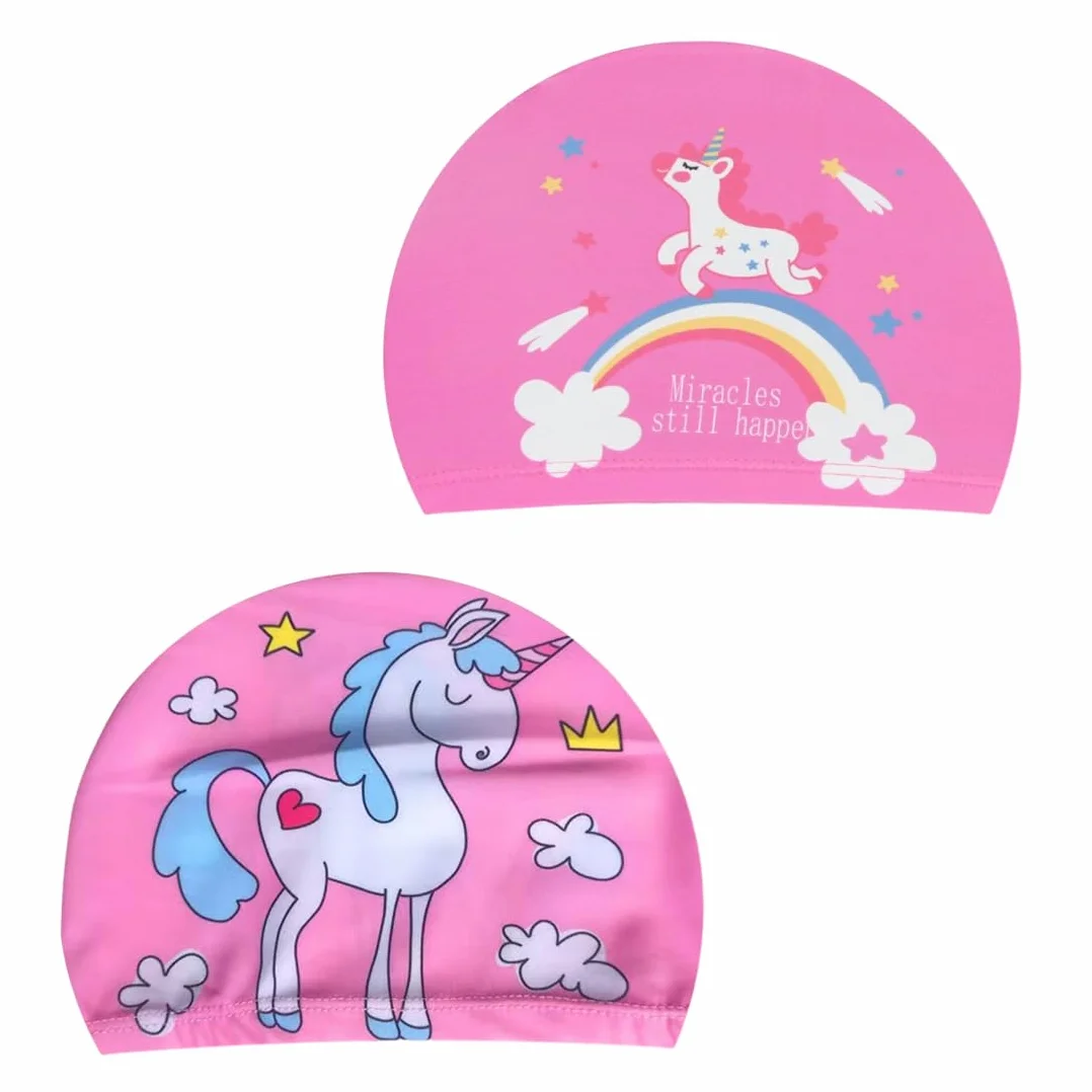 Lot de 2 bonnet piscine enfant imperméable licorne, bonnet de bain fille polyester rose 1-7 ans