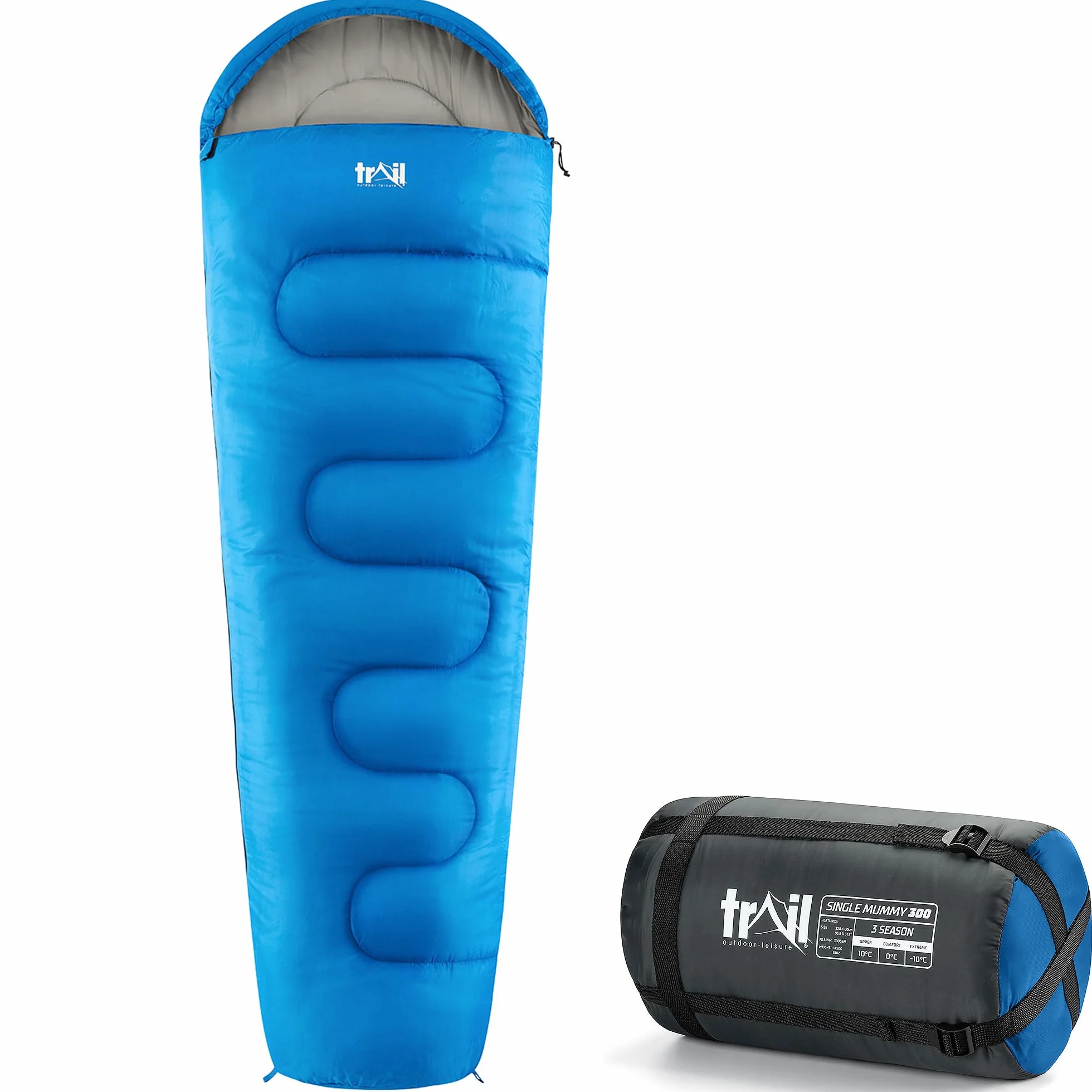 Trail Sac de Couchage Adulte Momie, Duvet 1 Personne pour 3 Saisons, Sac de Couchage Compact de 300 GSM pour Camping avec Poches et Sac de Compression