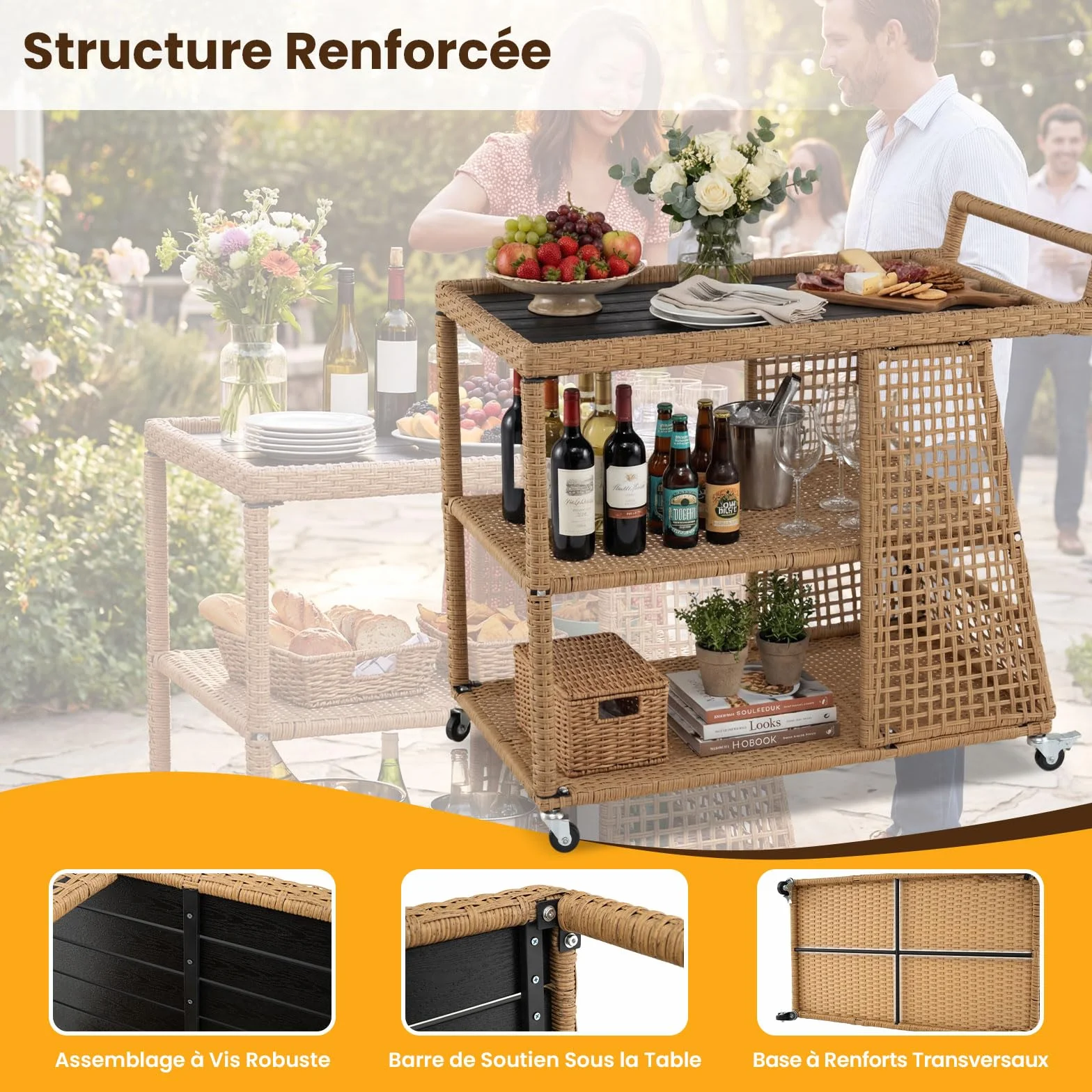 COSTWAY Desserte Exterieur en Rotin PE 3 Niveaux, Chariot de Bar Jardin à roulettes avec Plateau Large