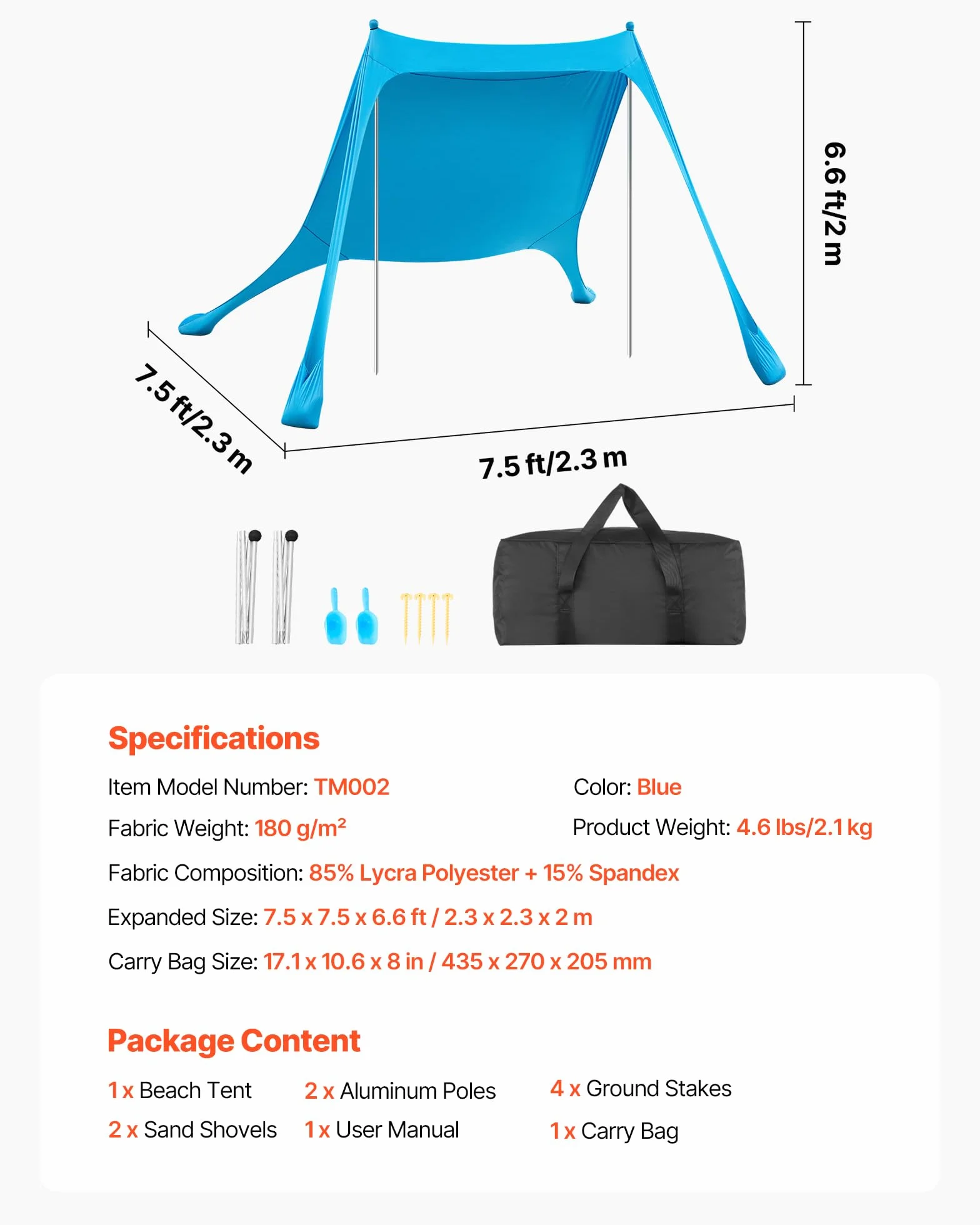 VEVOR Tente de Plage de 2,3x2,3x2 m, Abri Soleil UPF50+, Pare-Soleil Extérieur pour Plage Parc Camping et Pêche, Auvent Protection UV avec Sacs de Sable, Poteaux de Soutien et Pelles à Sable, Bleu