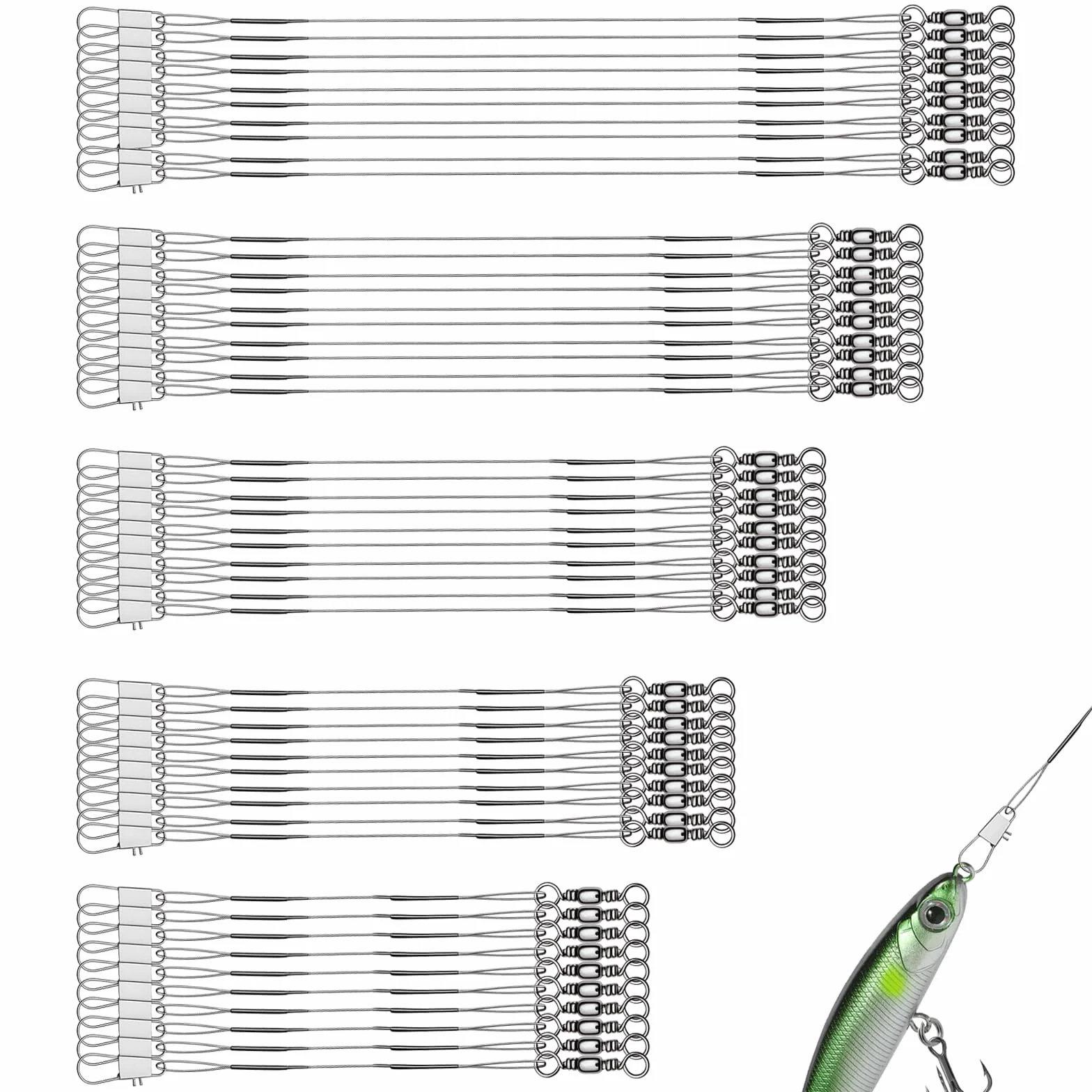 Lot de 100 bas de ligne pour brochet en acier avec émerillons et clips, bas de ligne en acier inoxydable pour la pêche au lancer, 5 tailles, bas de ligne indéchirable pour poissons prédateurs