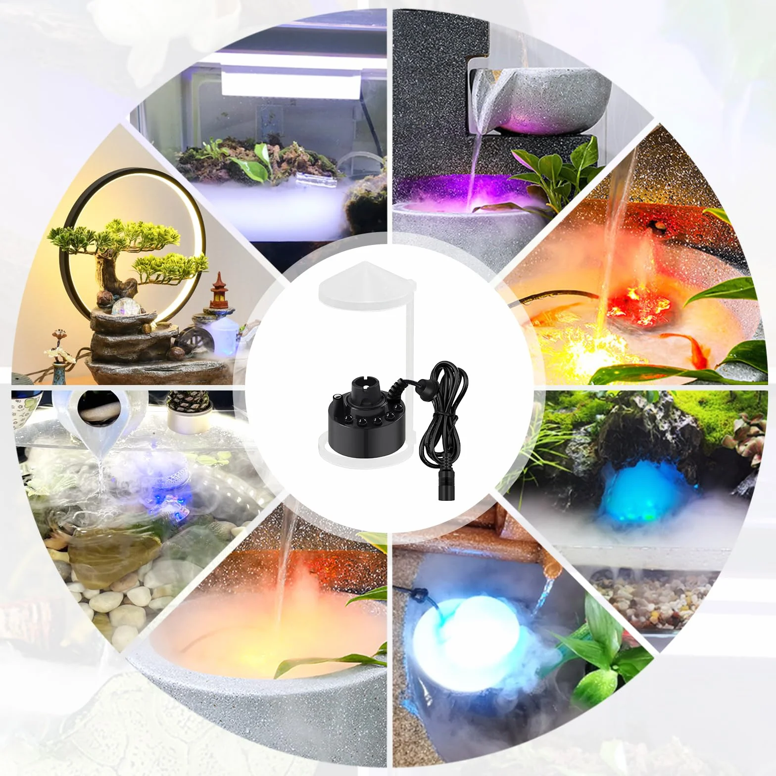 Brumisateur à Ultrasons 12 LED Lumières Colorées Anti-éclaboussures Amovible pour Fontaine Étang Noir
