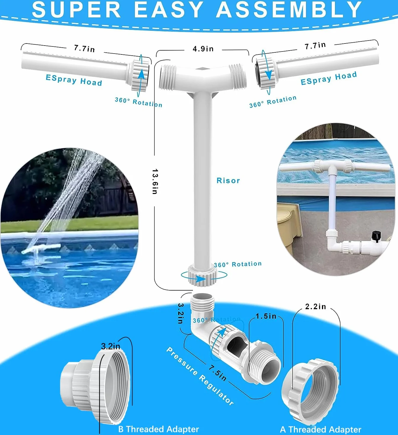 Cascade de piscine double pulvérisation réglable avec adaptateur aérateur pour spa enterré eau chaude