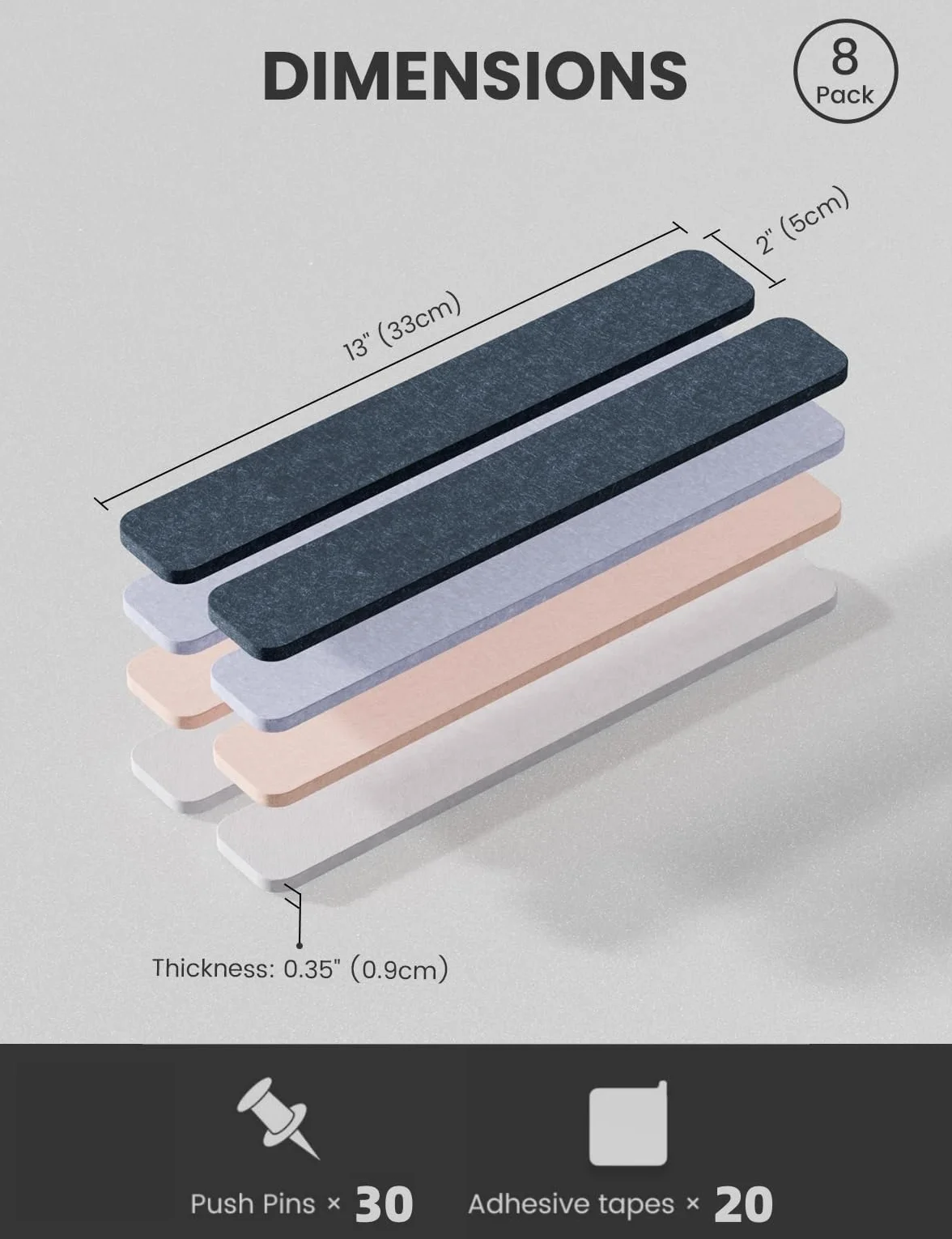 Tableau Feutrine pour Bureau 33x5 cm, Lot de 8 Panneaux Muraux Feutre Autocollante avec 30 Punaises, Gris chiné