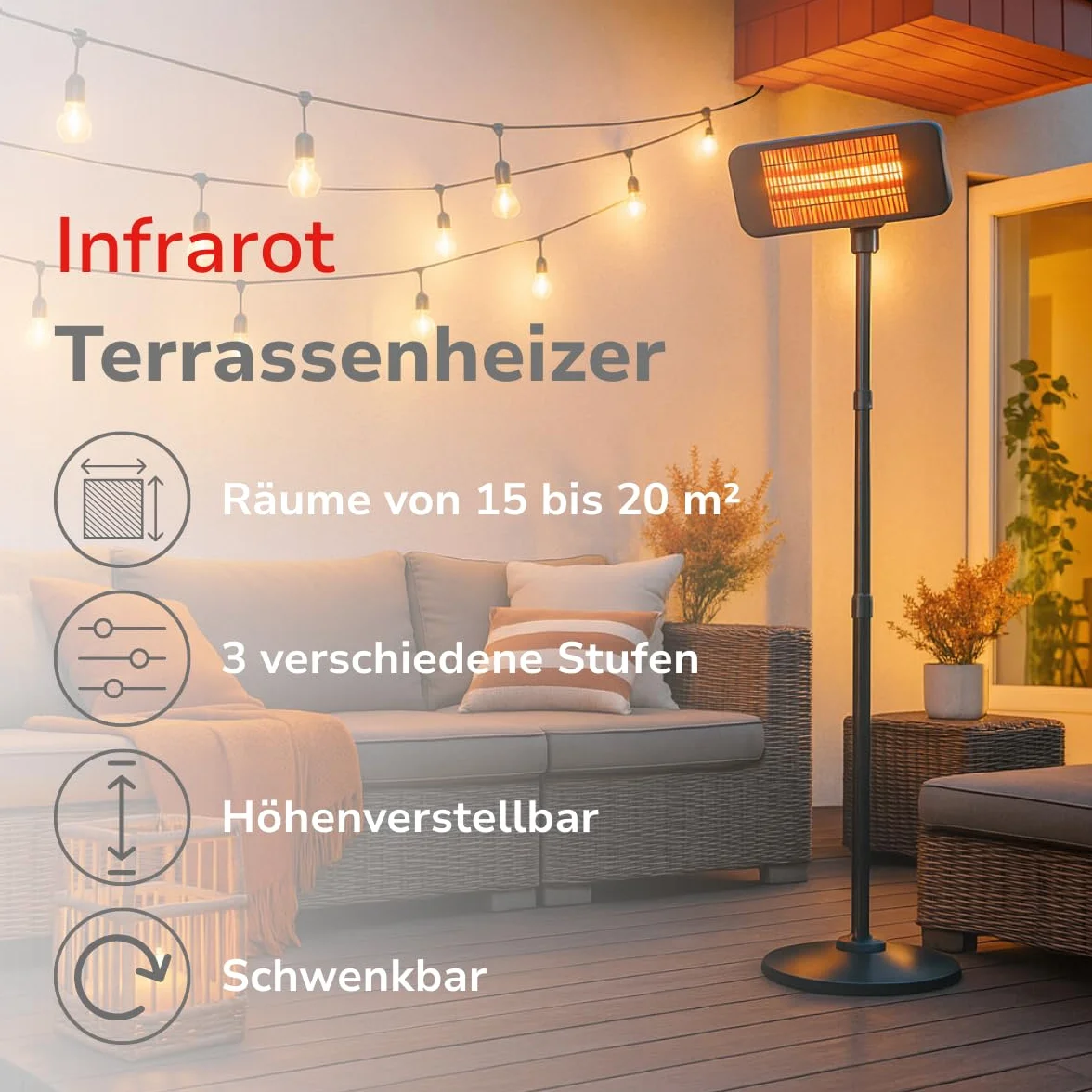Alpina Chauffage de Terrasse 2000W 3 Niveaux IP24 Lampe Infrarouge Noir