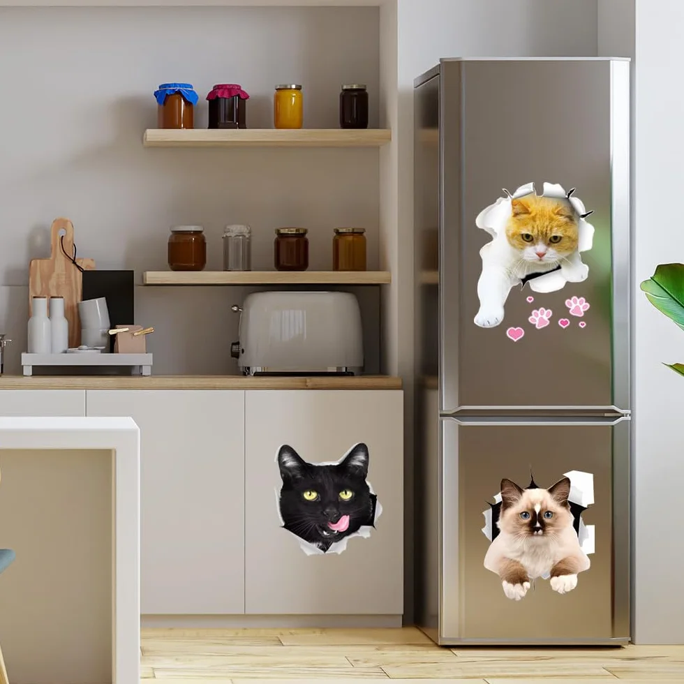 Autocollant Chat 3D Mignon Amovible 12 Pièces Décor Mural Salle de Bain