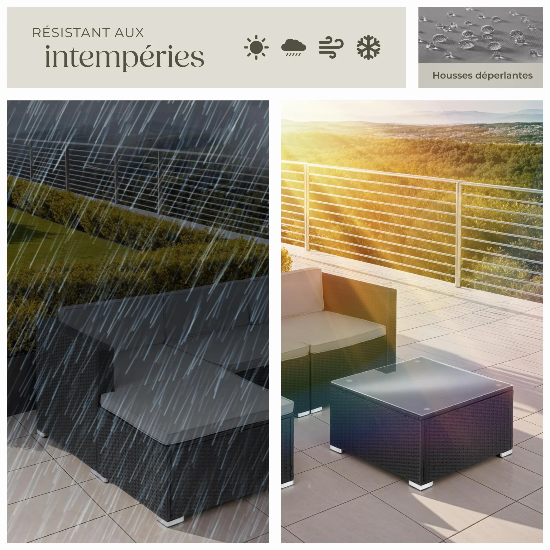 Tectake Ensemble Salon de Jardin Exterieur en Poly Rotin Modulable 4 Places 3 Fauteuils 1 Pouf 1 Table