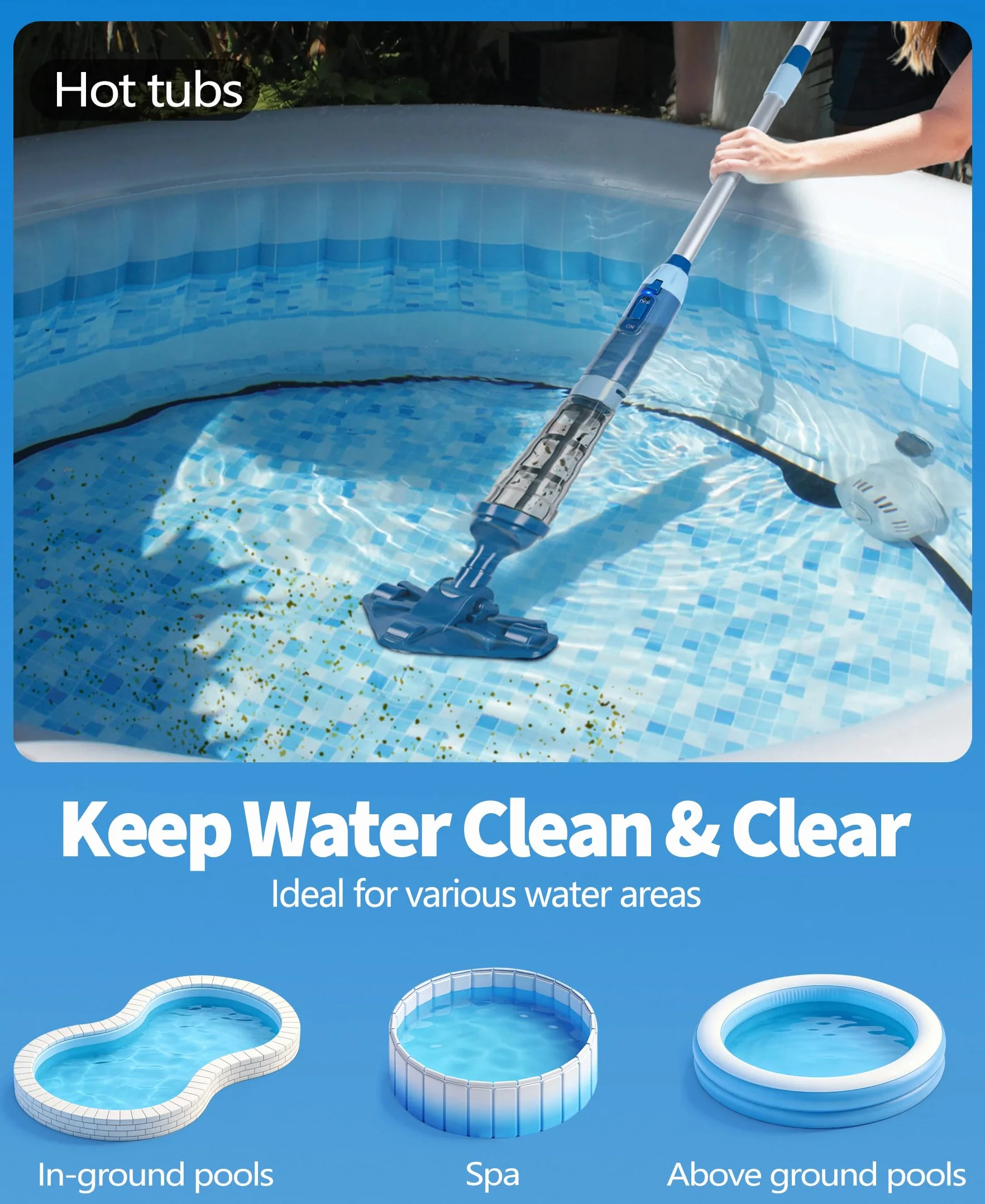 PoolLeader Aspirateur Piscine sans Fil 60L/Min 2.13M Balai avec Capteur d'eau 2 Têtes Nettoyage Autonomie 90min