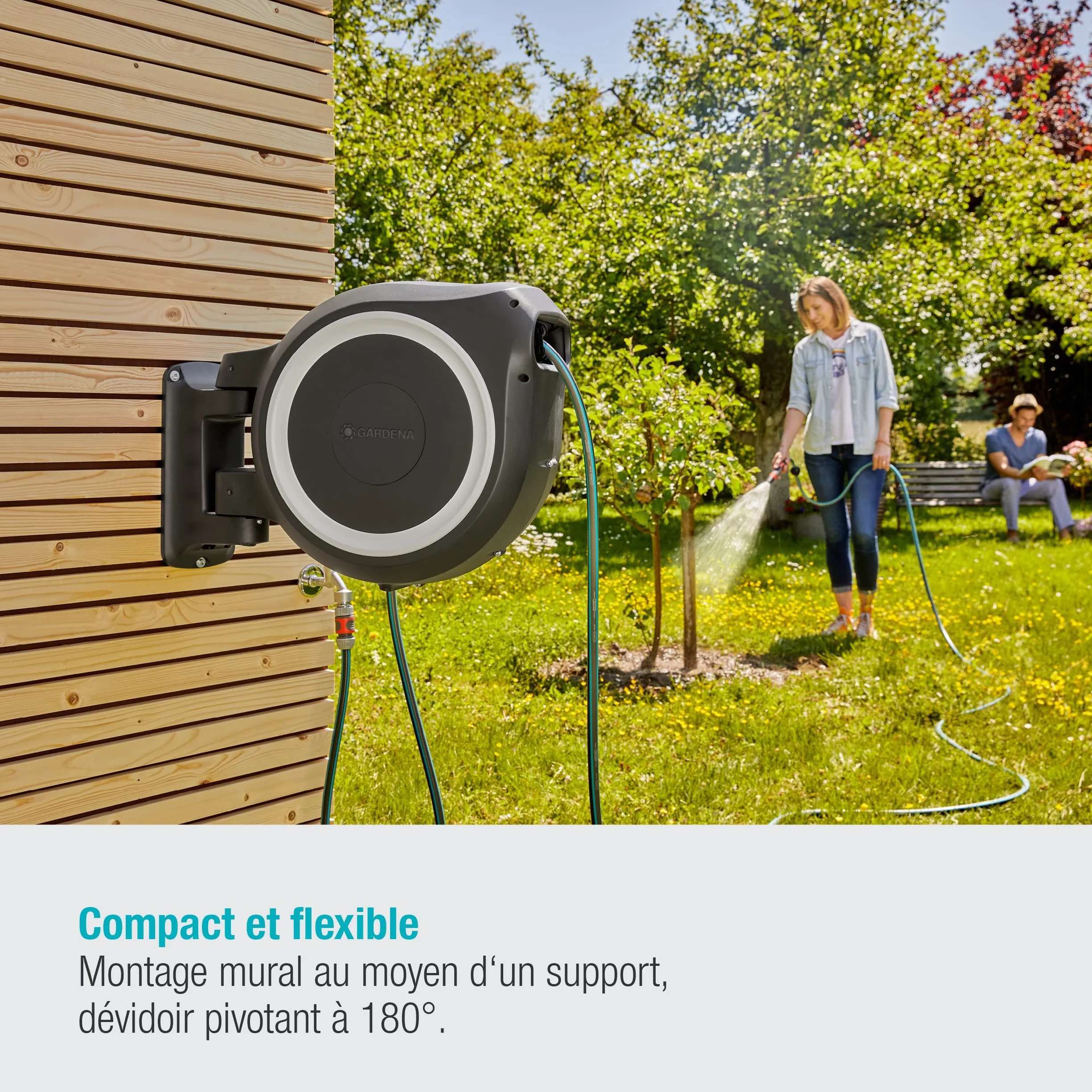 Gardena Enrouleur de Tuyau Mural Rollup L 30m Ø13mm Dévidoir pivotant 180° Kit Complet Lance Raccord Tuyau Support Mural Inclus