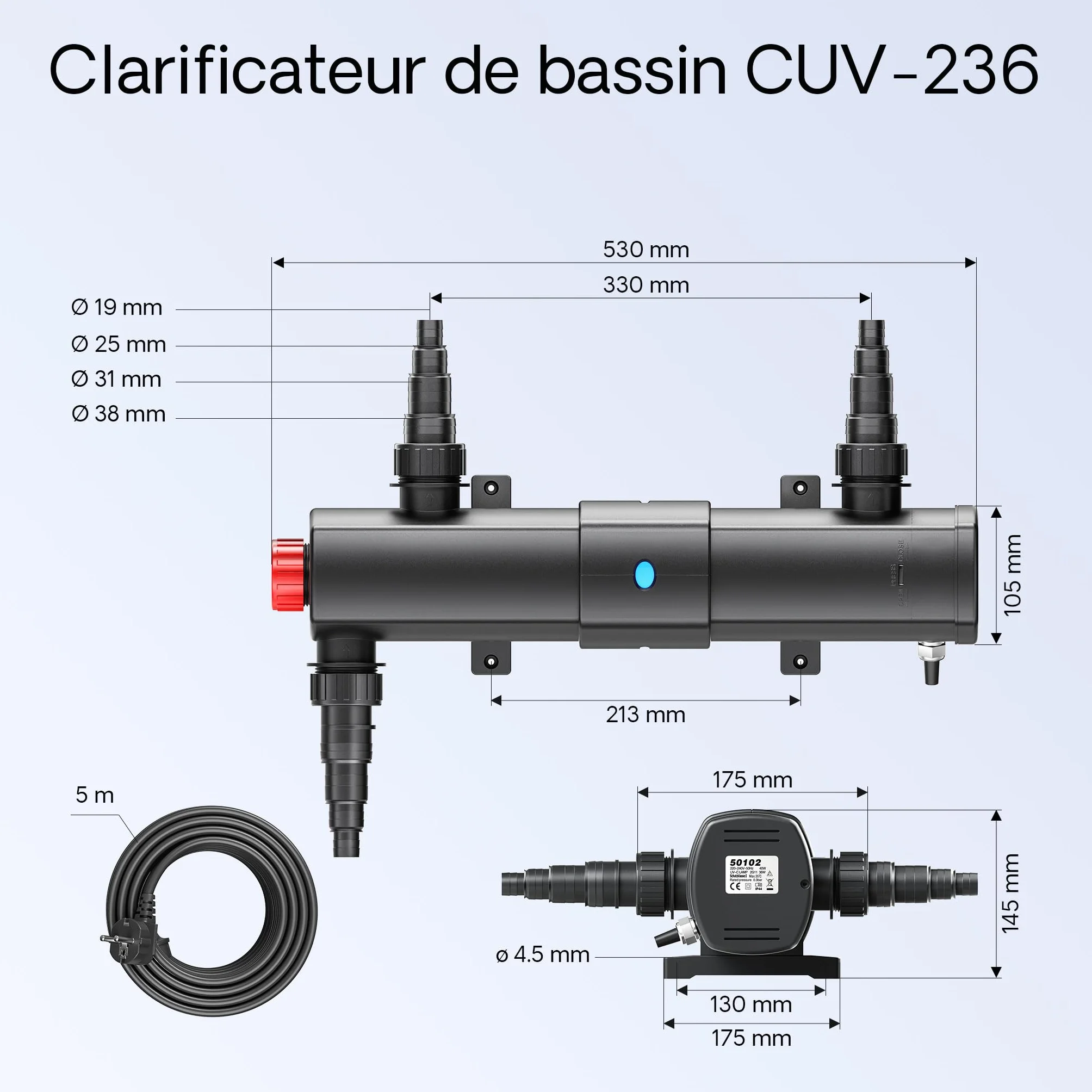 Wiltec Kit complet Filtre de bassin CBF-350B 60000 L Biologique NEO10000 SuperECO pompe 10000l/h 80W CUV-236 lampe UV UVC 36W 25m Tuyau 25 mm