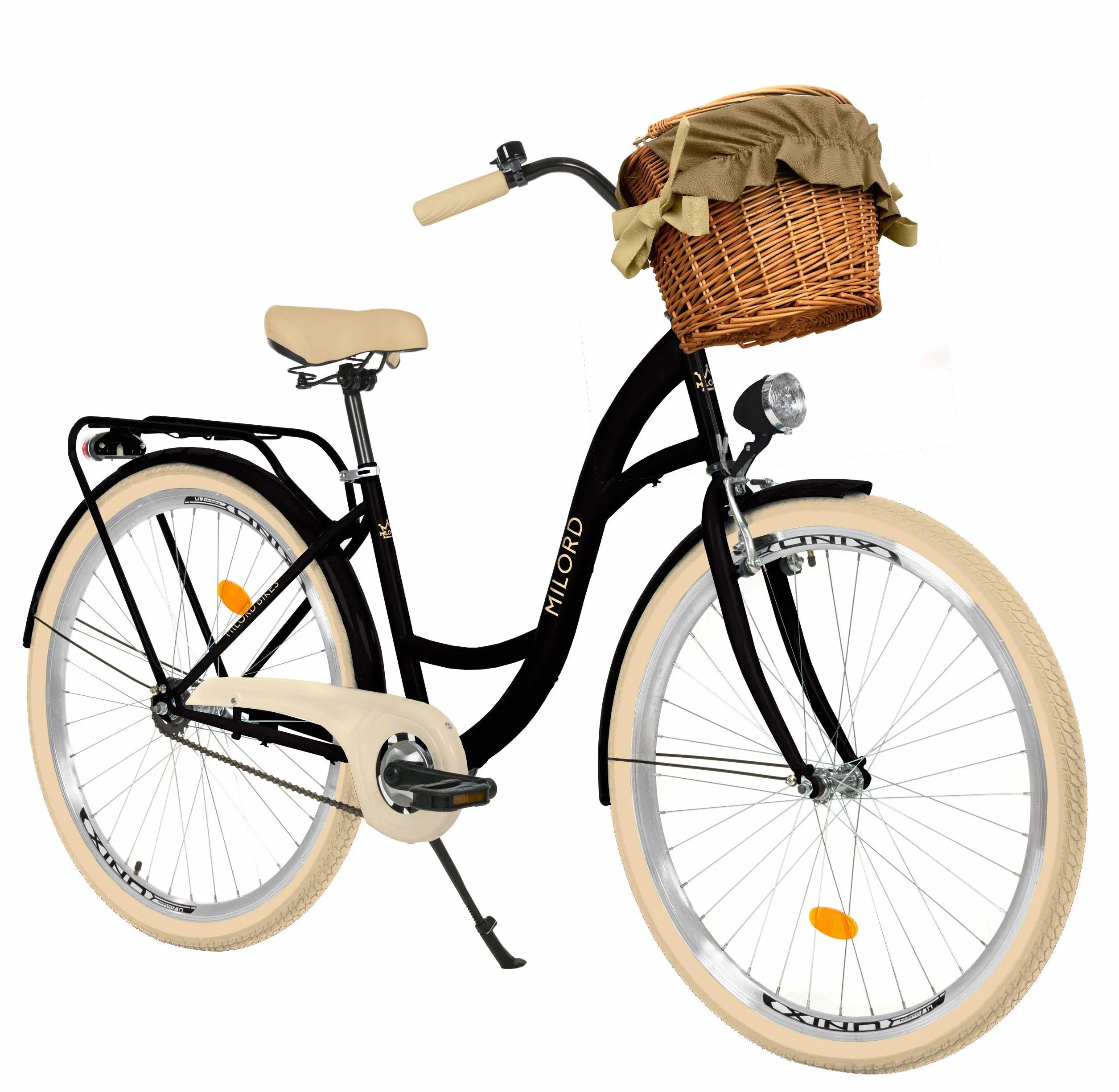 Milord. Vélo Confort Noir et crème à 1 Vitesse de 26 Pouces avec Panier et Porte-Bagages arrière, vélo néerlandais, vélo pour Femme, vélo de Ville, rétro, Vintage