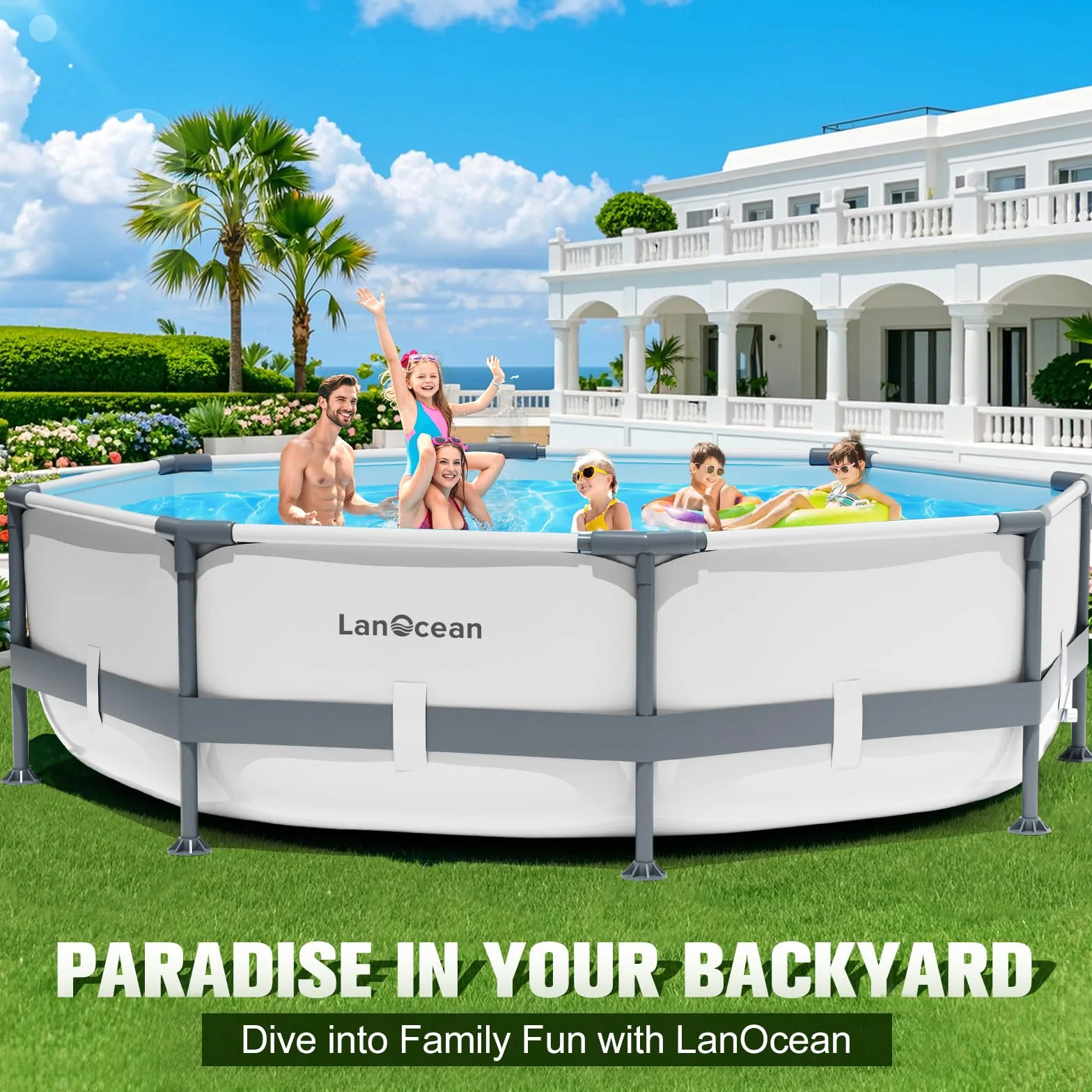 LanOcean Piscine Tubulaire Ronde 300x300x76cm, Piscine Hors Sol avec Matériau Anti-Crevaison