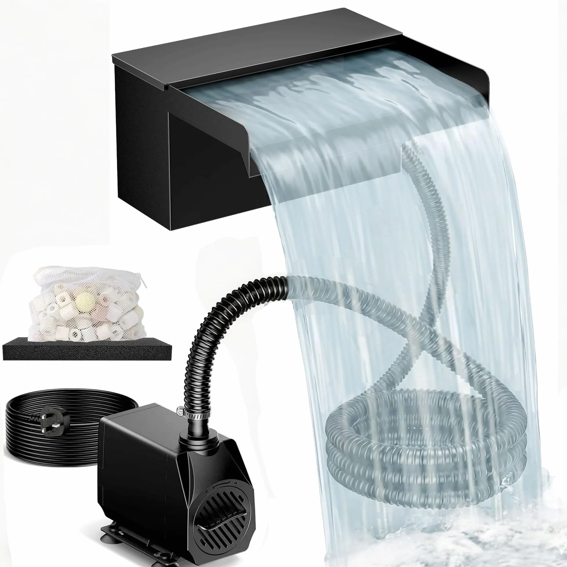 Biling Cascade pour Étang de Jardin avec Filtre, 20cm Acier Inoxydable, 40 W 2500 l/h Pompe de Bassin