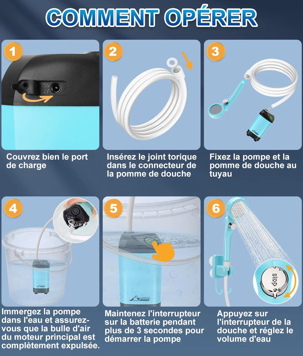 WADEO Kit Douche de Camping, Pompe de Douche Électrique Rechargeable, Pommeau de Douche avec Affichage Intelligent de Température et Pression d'eau Réglable