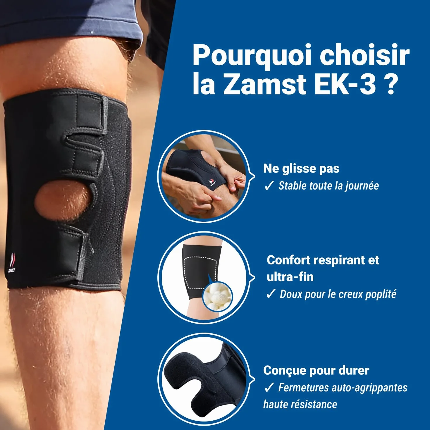 Zamst EK-3 Genouillère de Sport - Genouillère de Compression Légère et Respirante pour Hommes et Femmes avec Renforts en Résine pour un Soutien Général du Genou et un Soulagement de la Douleur, L