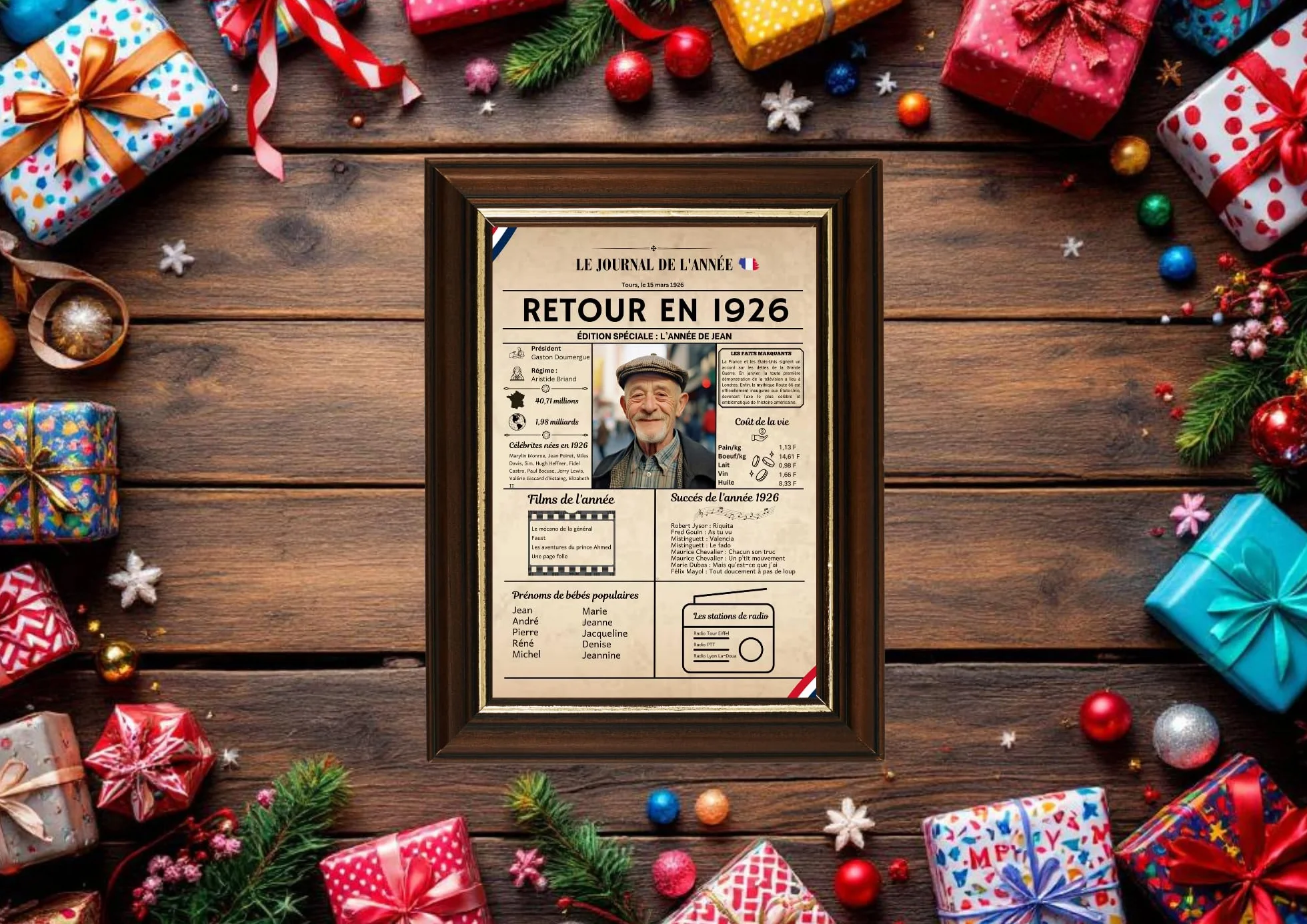Affiche Année 1926 Personnalisée avec Photo – Journal de Naissance Vintage – Cadeau Anniversaire 99 Ans