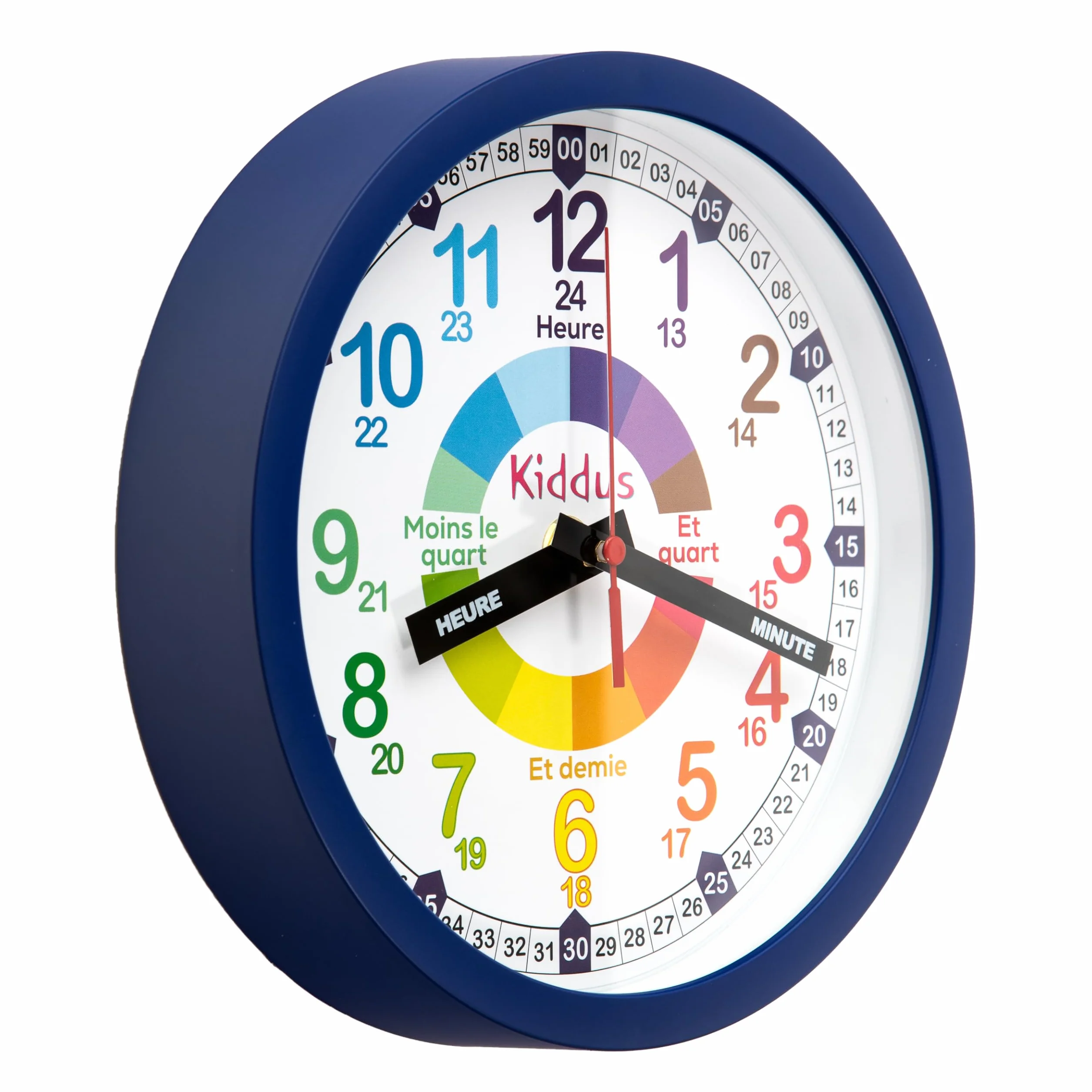 Kiddus Horloge Murale Enfant Apprendre l'Heure 20cm Aiguilles Inscrites Silencieuse Chiffres Colorés