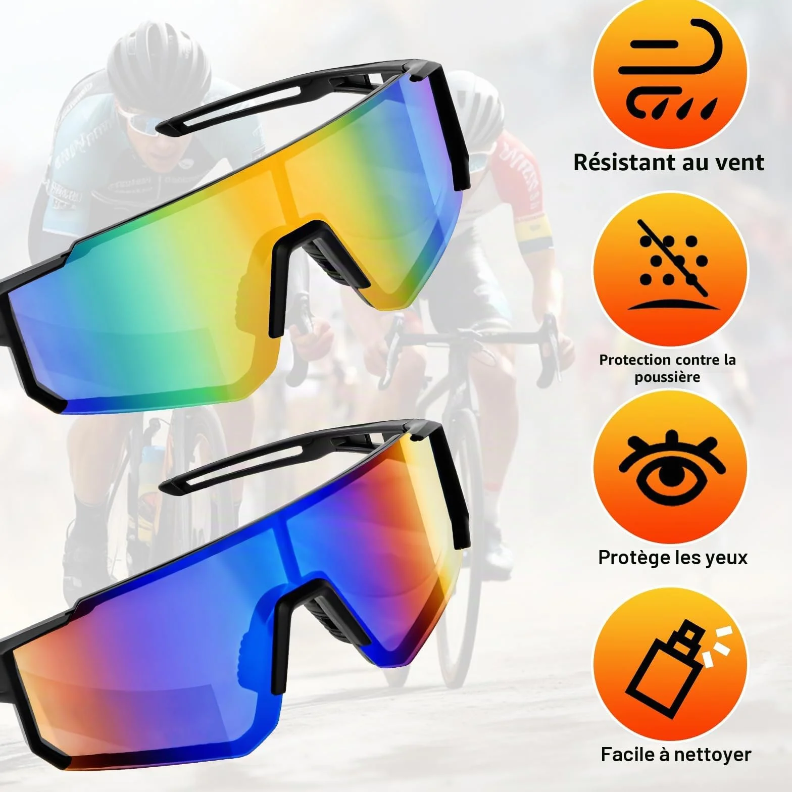 WuGU Lot de 2 lunettes de soleil de sport, lunettes de cyclisme polarisées pour homme et femme, protection UV400 lunettes pour cyclisme, moto, course, ski, alpinisme, pêche, etc
