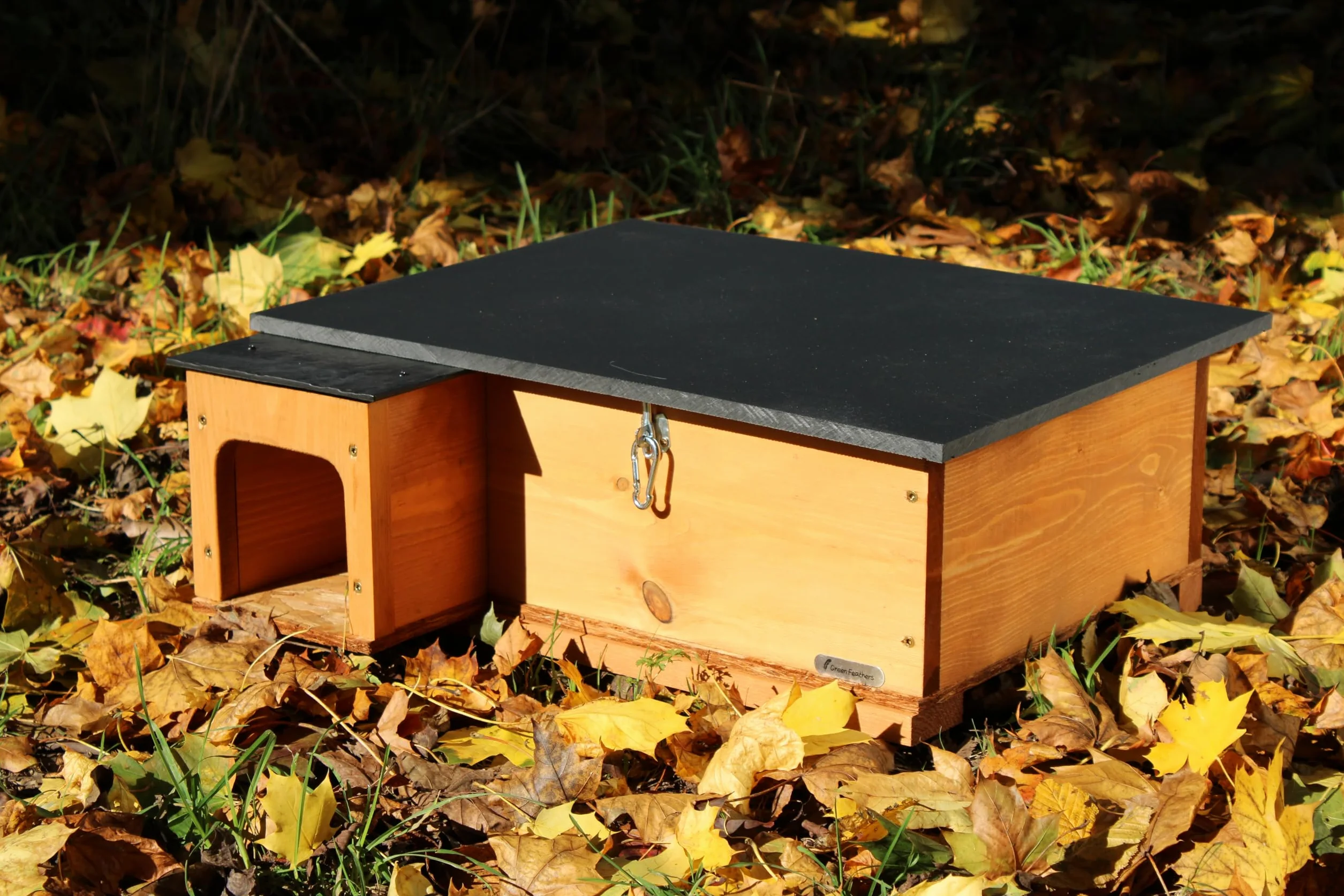 Green Feathers Maison pour hérisson - Marron doré avec revêtement anti-bactéries, habitat extérieur résistant aux prédateurs, toit écologique et sol en bois massif