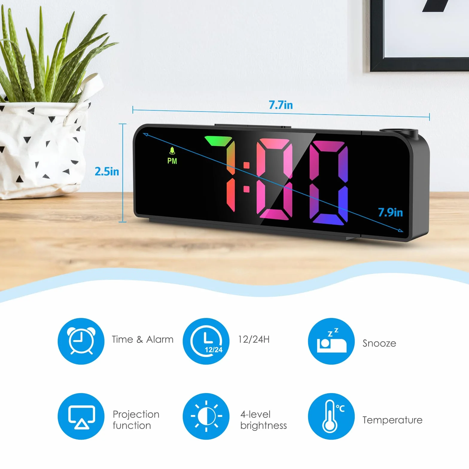 Brifit Reveil Projecteur Plafond 180° Horloge Digitale LED 7.9" 4 Luminosités Réglable Snooze Mode Nuit Température