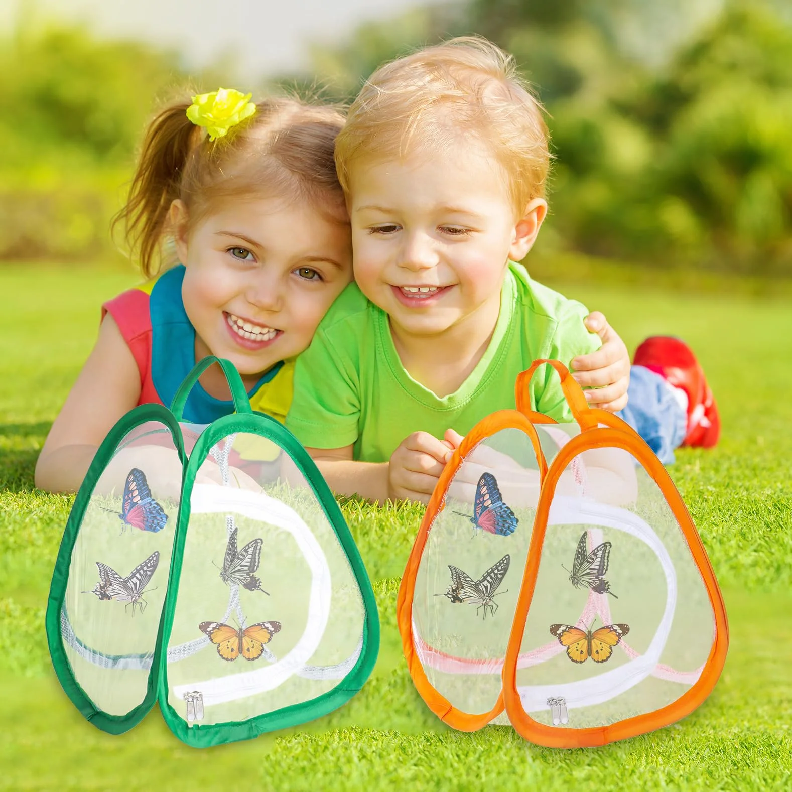 Cages à papillons en maille pour enfants Lot de 2 - Maison pop-up avec fermeture éclair portable (vert, orange)