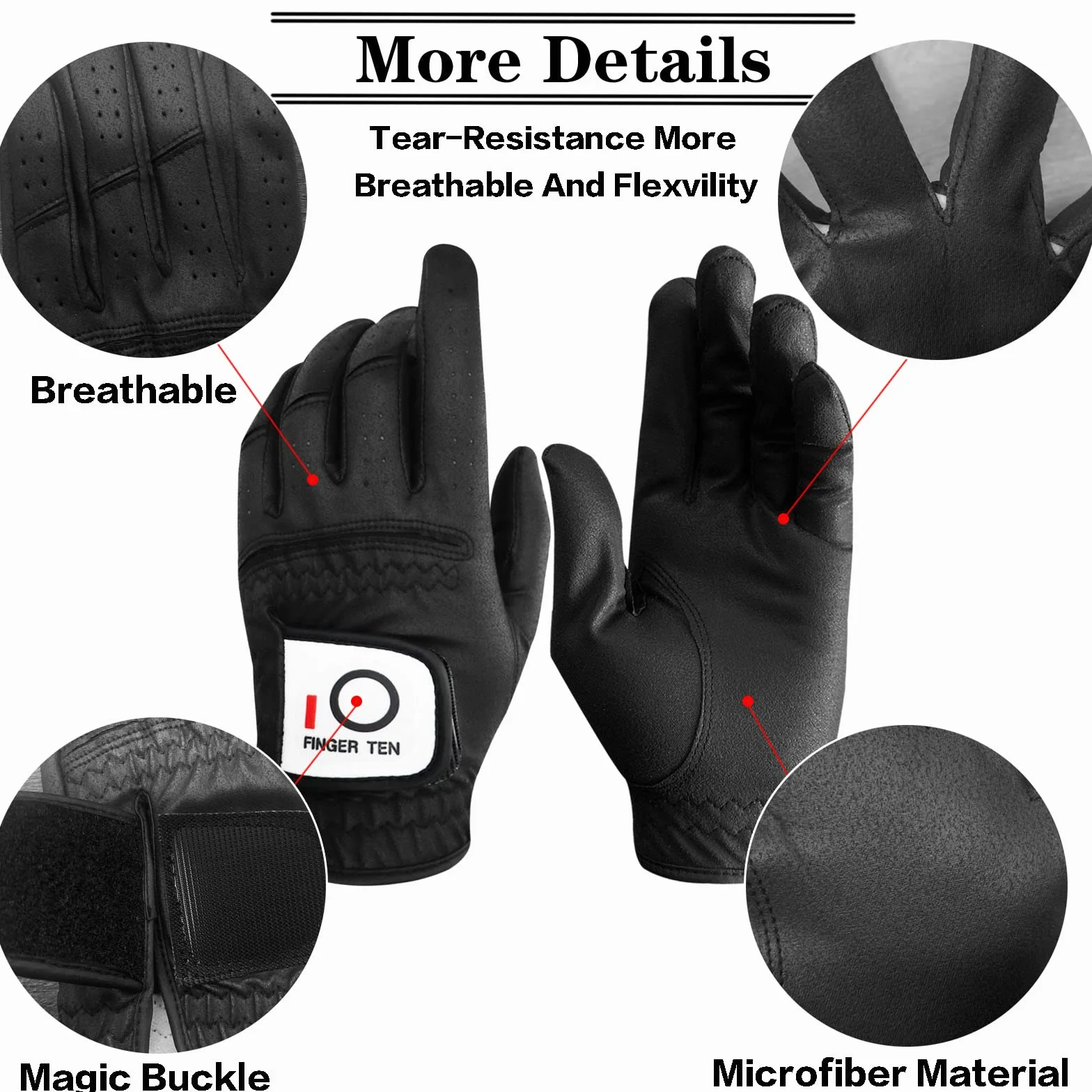 FINGER TEN Gant De Golf Hommes Main Gauche pour Golfeur droitier Pluie poignée Paquet De 3，Gant de Golf Confortable Doux synthétique Tous Les Temps Taille adaptée S M L XL ML Blanc Noir