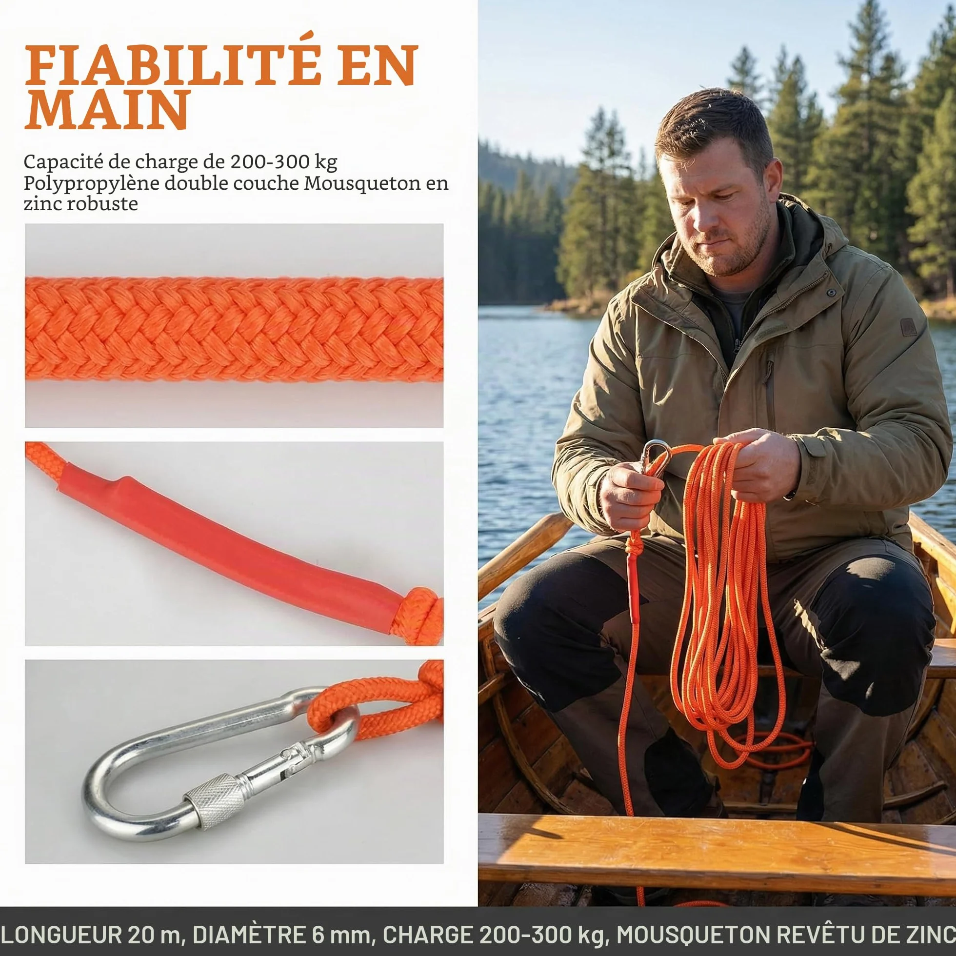Corde Tressée Polypropylène avec Mousqueton Anti-Corrosion pour Escalade Pêche Alpinisme
