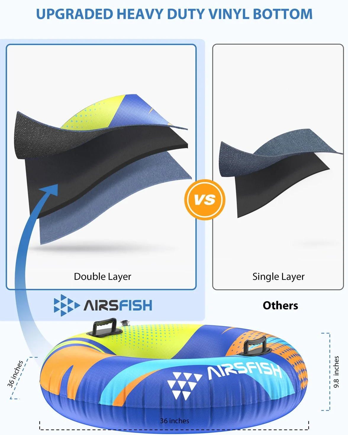 Tube à Neige Gonflable Airsfish avec Ligne de remorquage, Housse Durable, matériau résistant à l'usure et au Gel, Tubes de Luge pour Sports d'hiver pour Enfants et Adultes